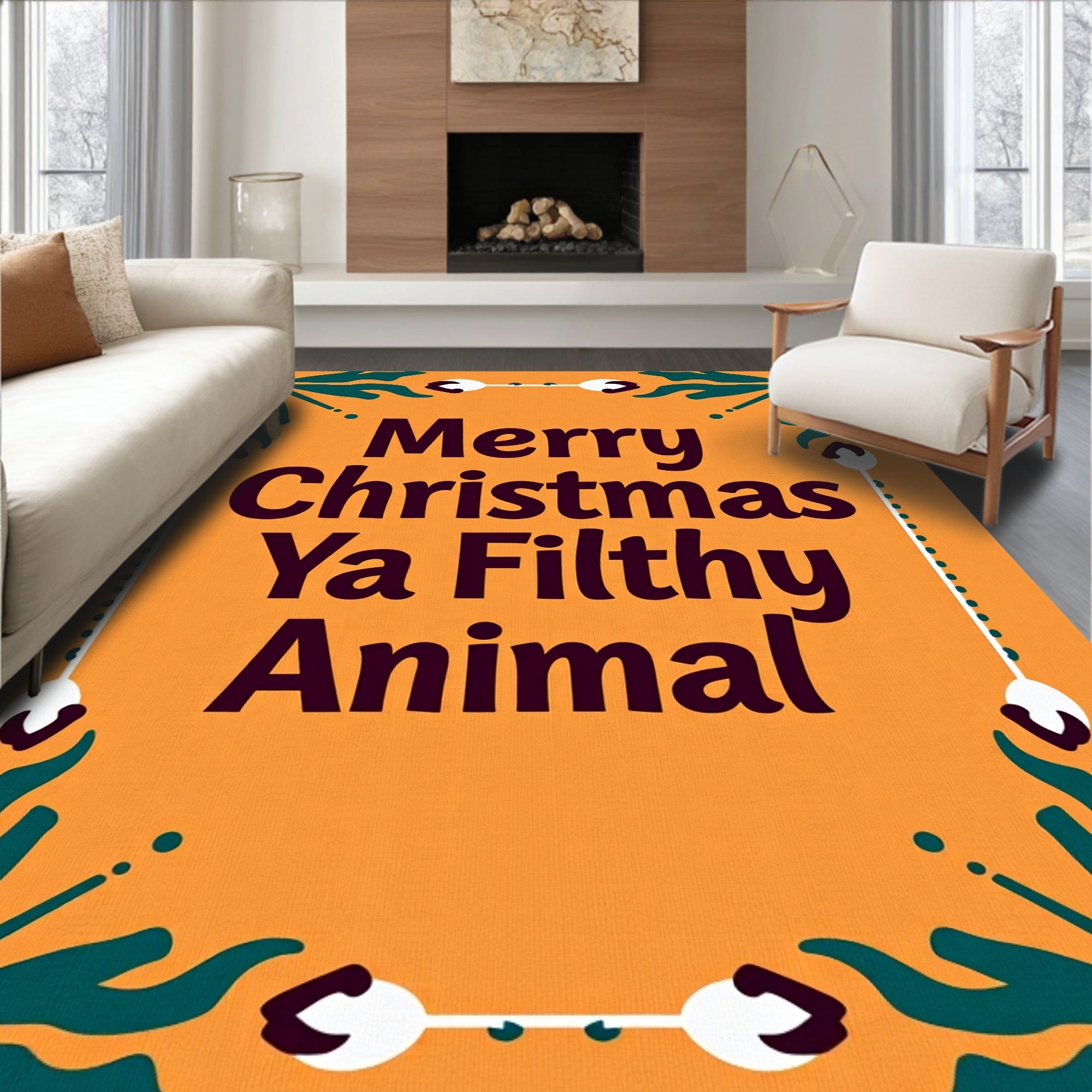 Orange Vintage Floral Christmas Text Rug
