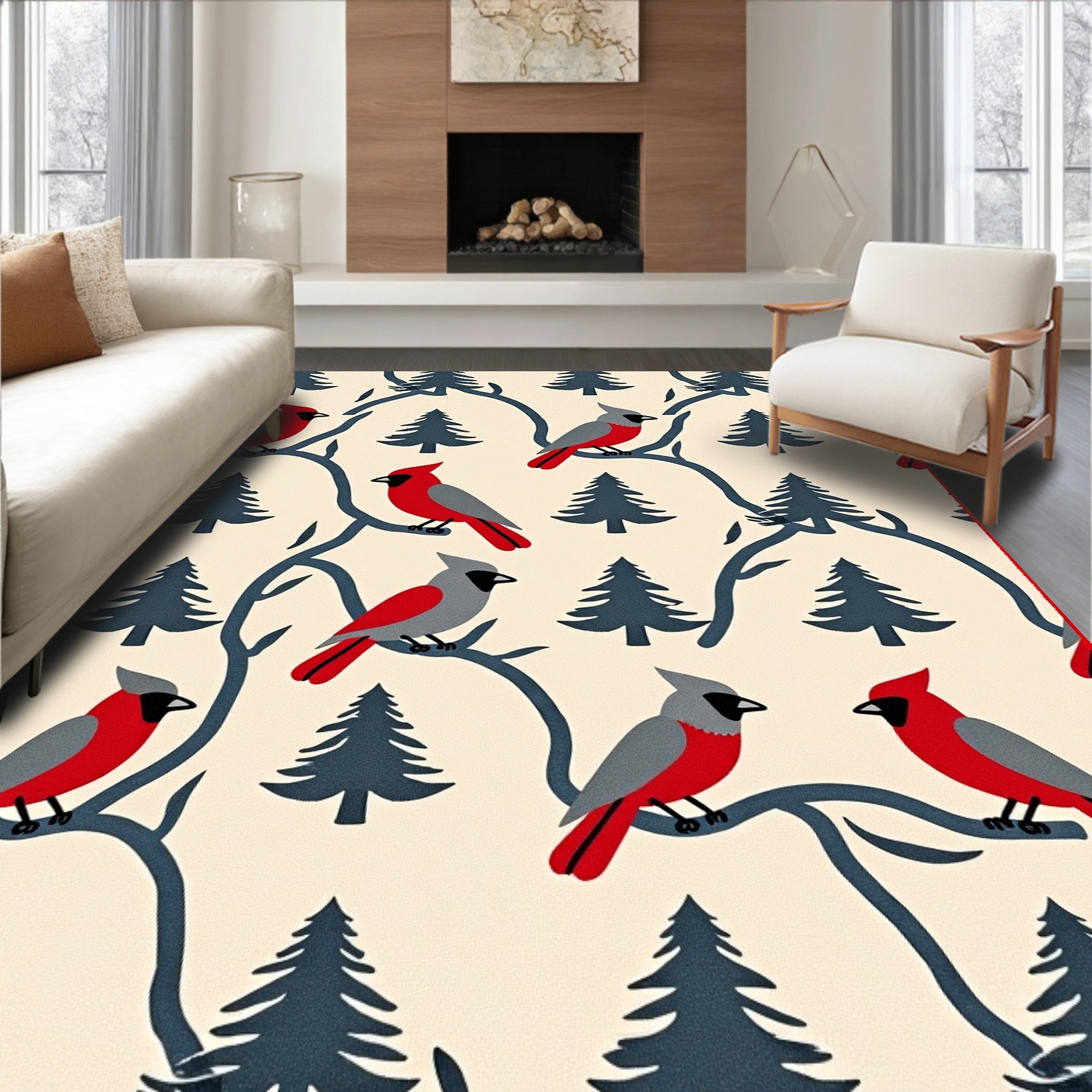 Crimson Gray Cardinals Winter Trees Rug
