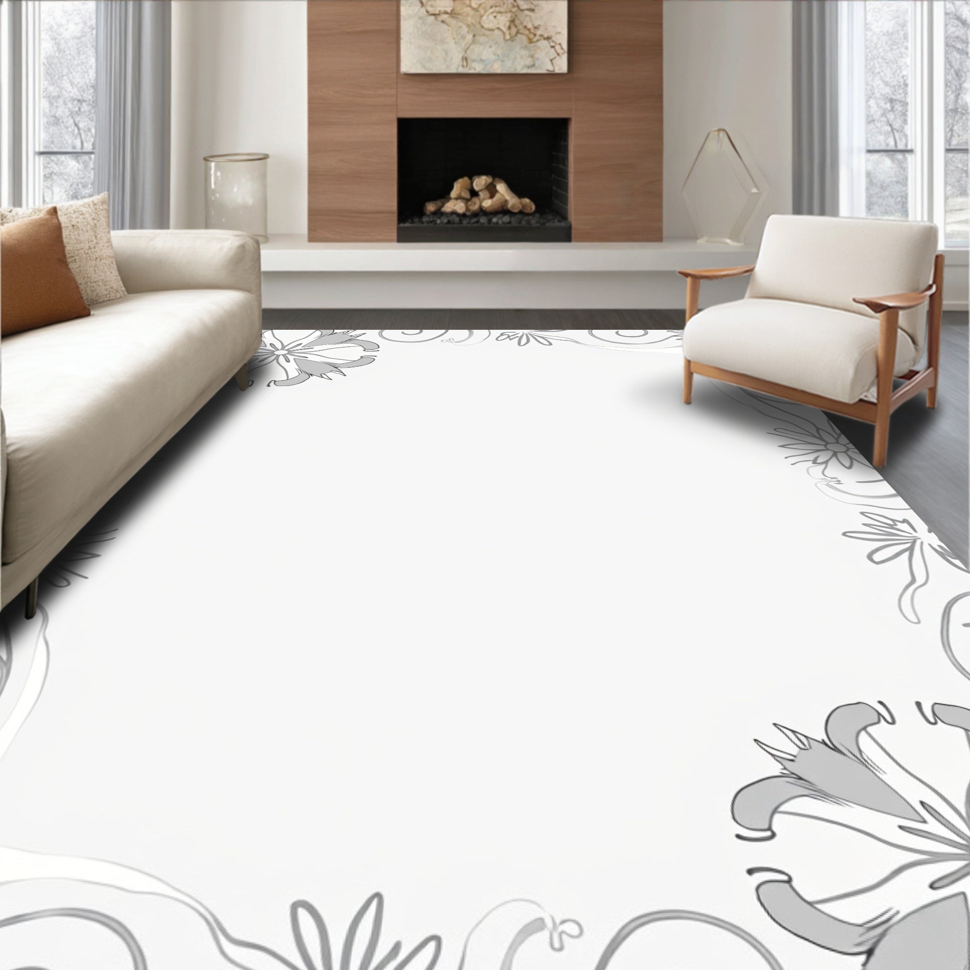 Light Gray Floral Swirl Border Rug