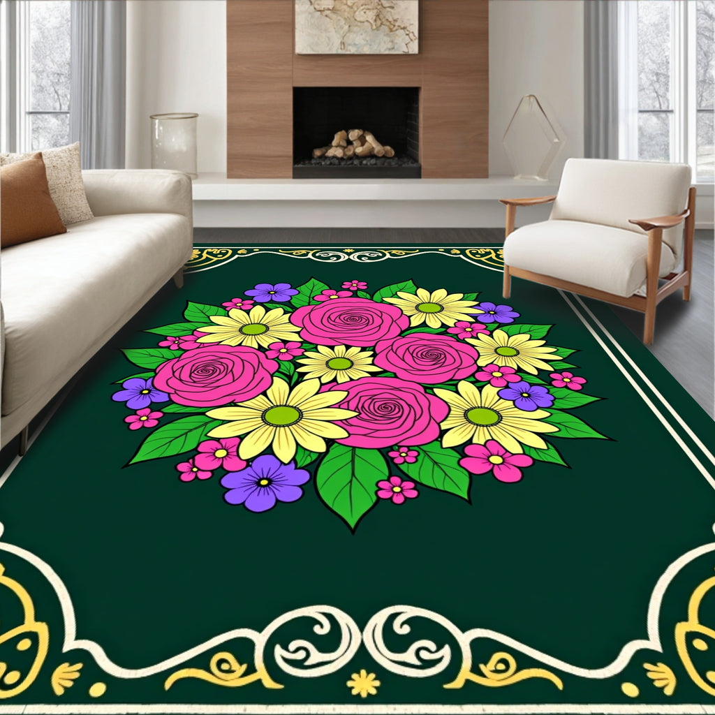Vibrant Pink Rose Yellow Daisy Bouquet Rug