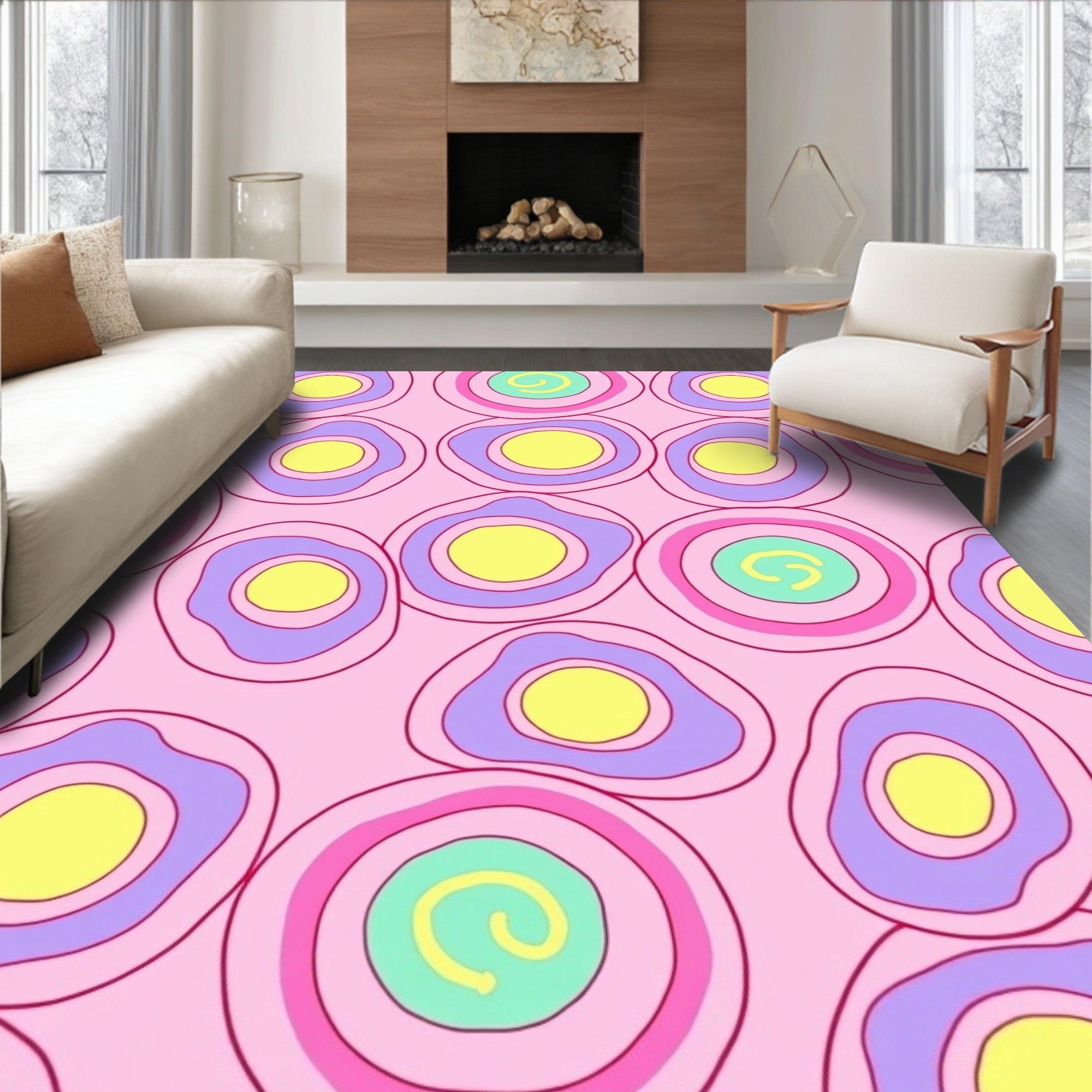Pink Pastel Abstract Circles Swirl Rug