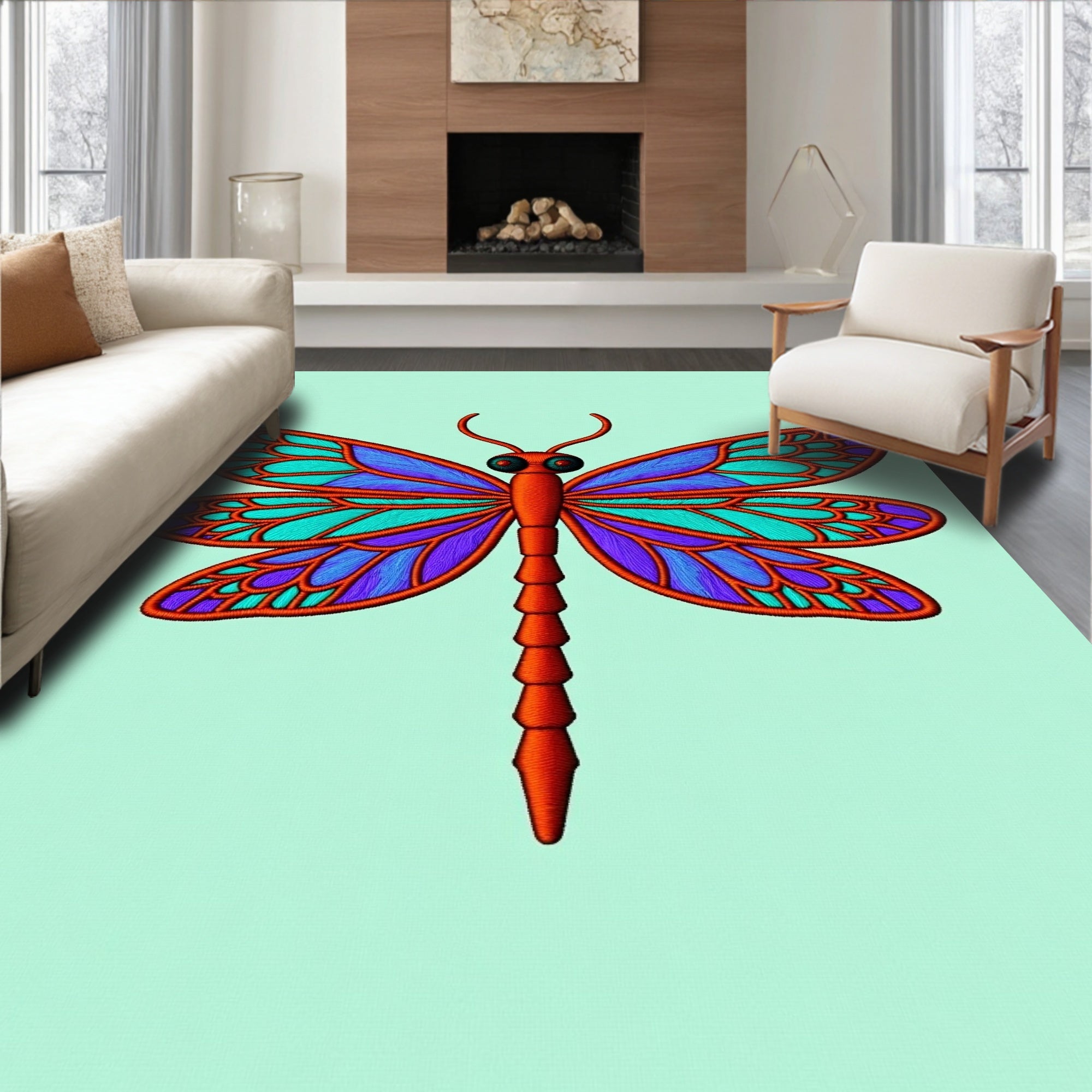 Vibrant Blue Dragonfly Emerald Orange Rug