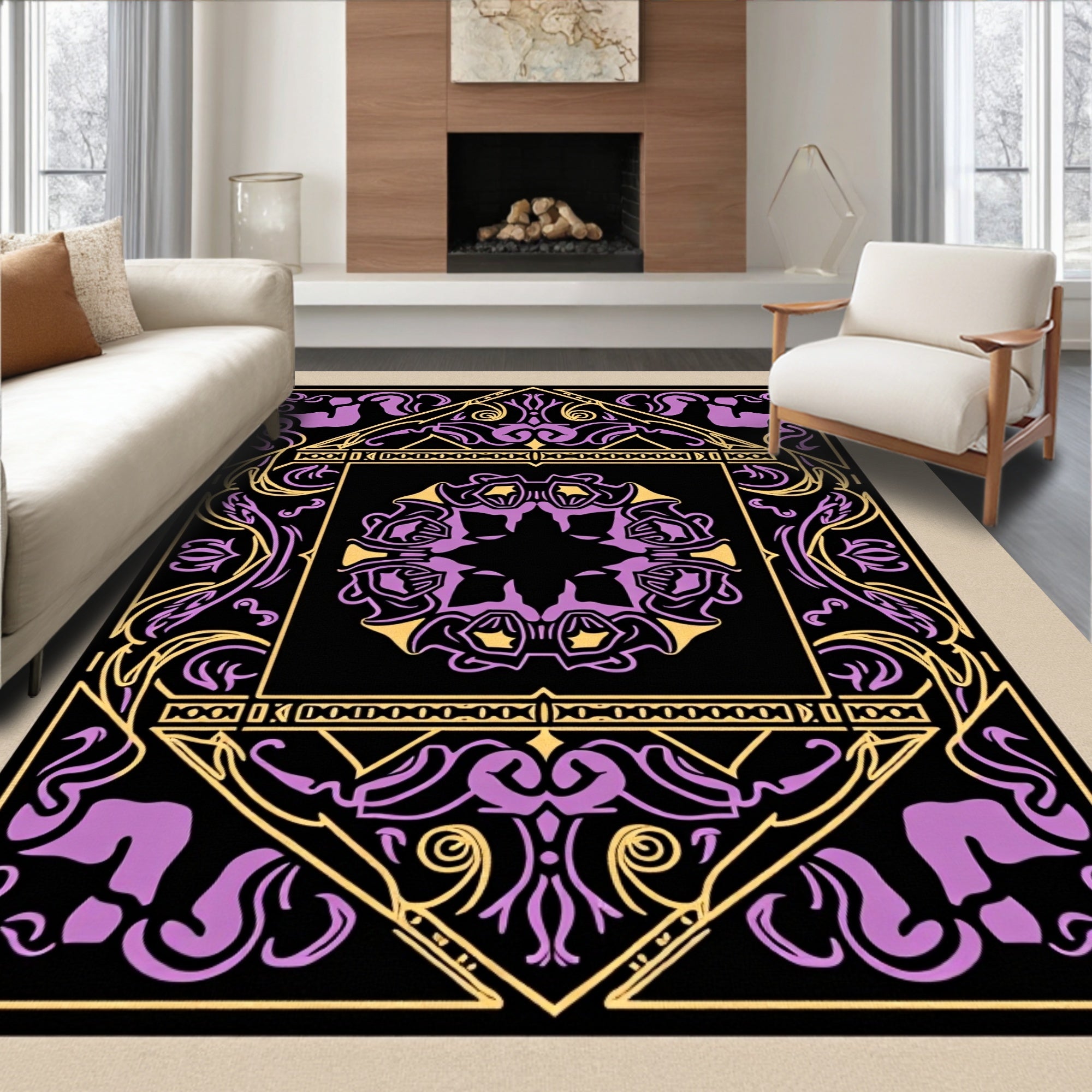 Ornate Violet Yellow Filigree Mandala Rug