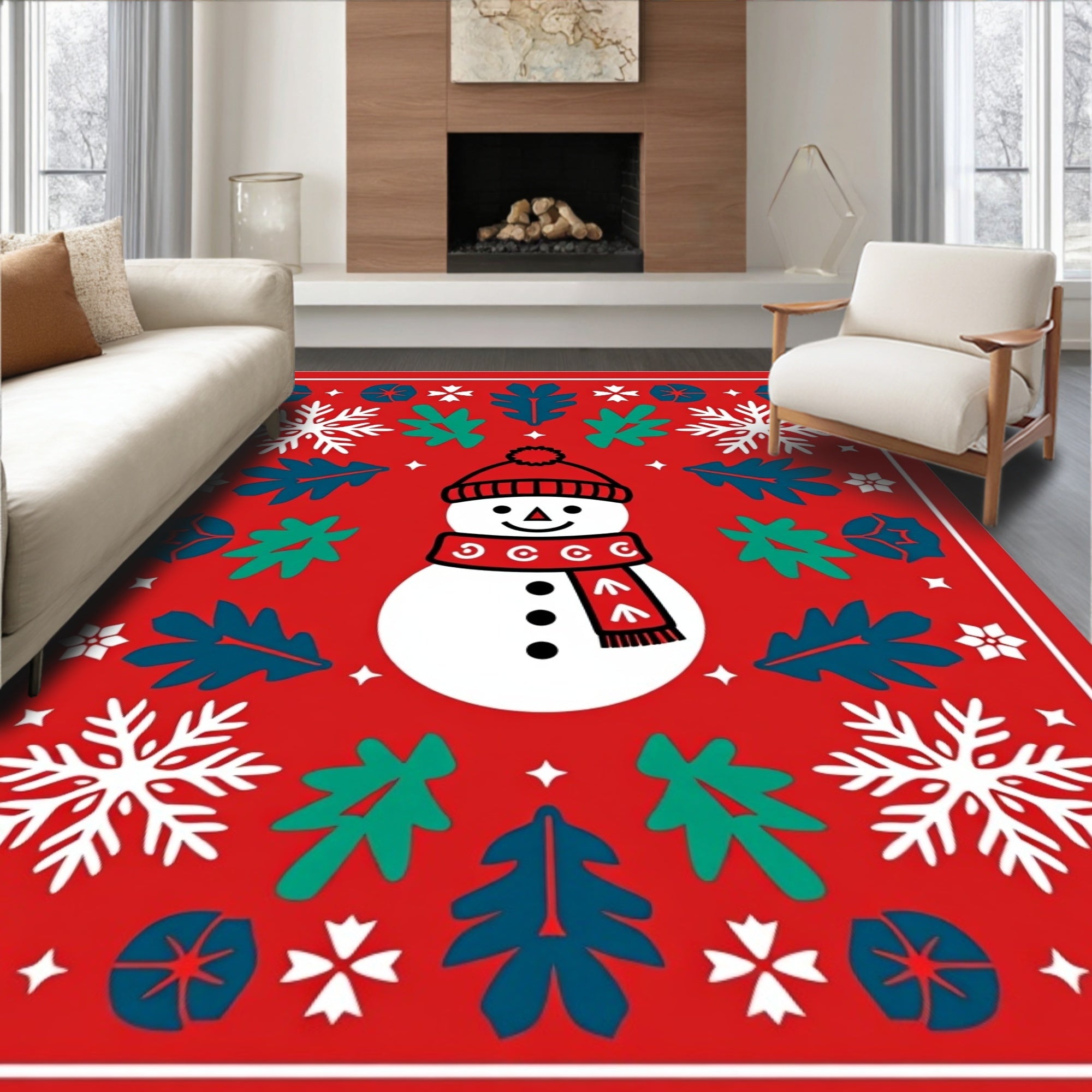 Festive Snowman Snowflake Christmas Celebration Rug