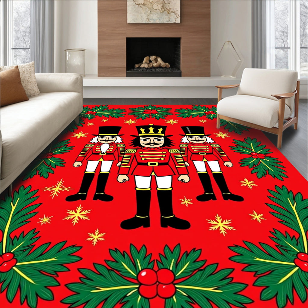 Festive Red Nutcracker Holly Accents Rug