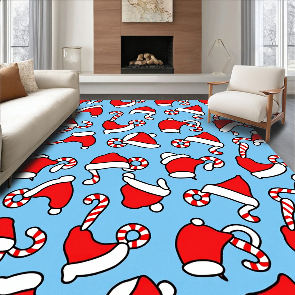 Festive Red Santa Hats Candy Canes Rug