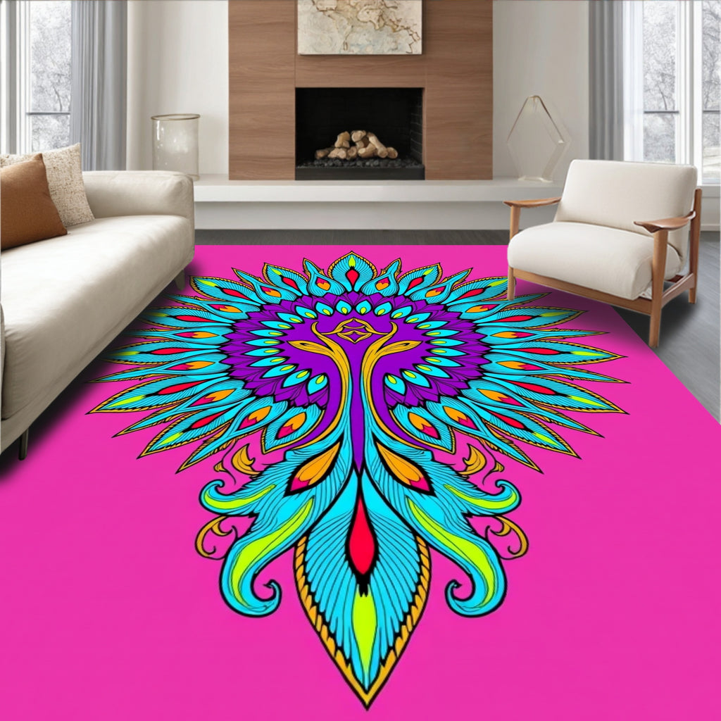 Vibrant Peacock Feather Mandala Medallion Rug