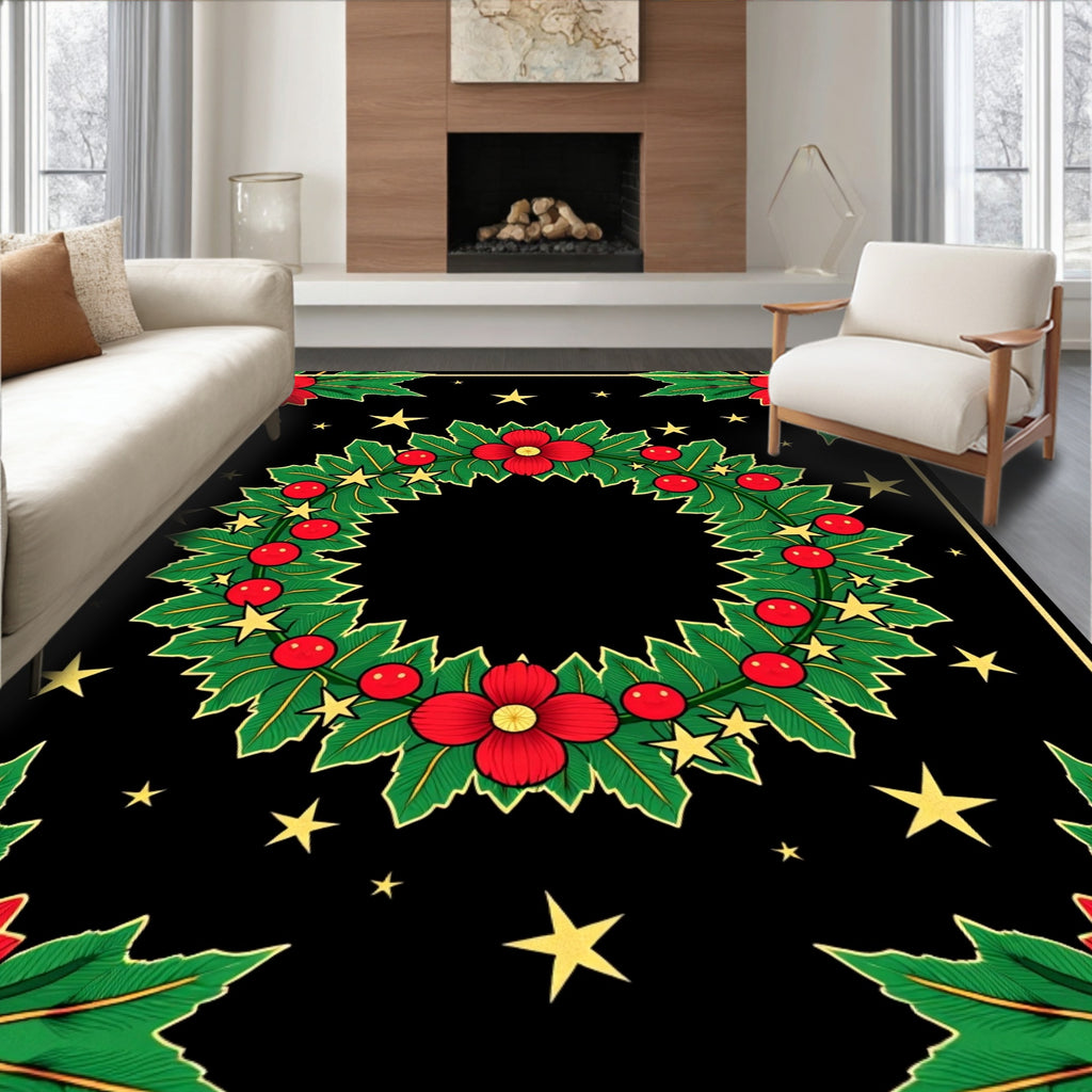 Festive Red Floral Green Holly Stars Rug