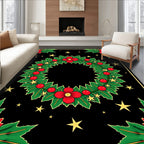 Festive Red Floral Green Holly Stars Rug