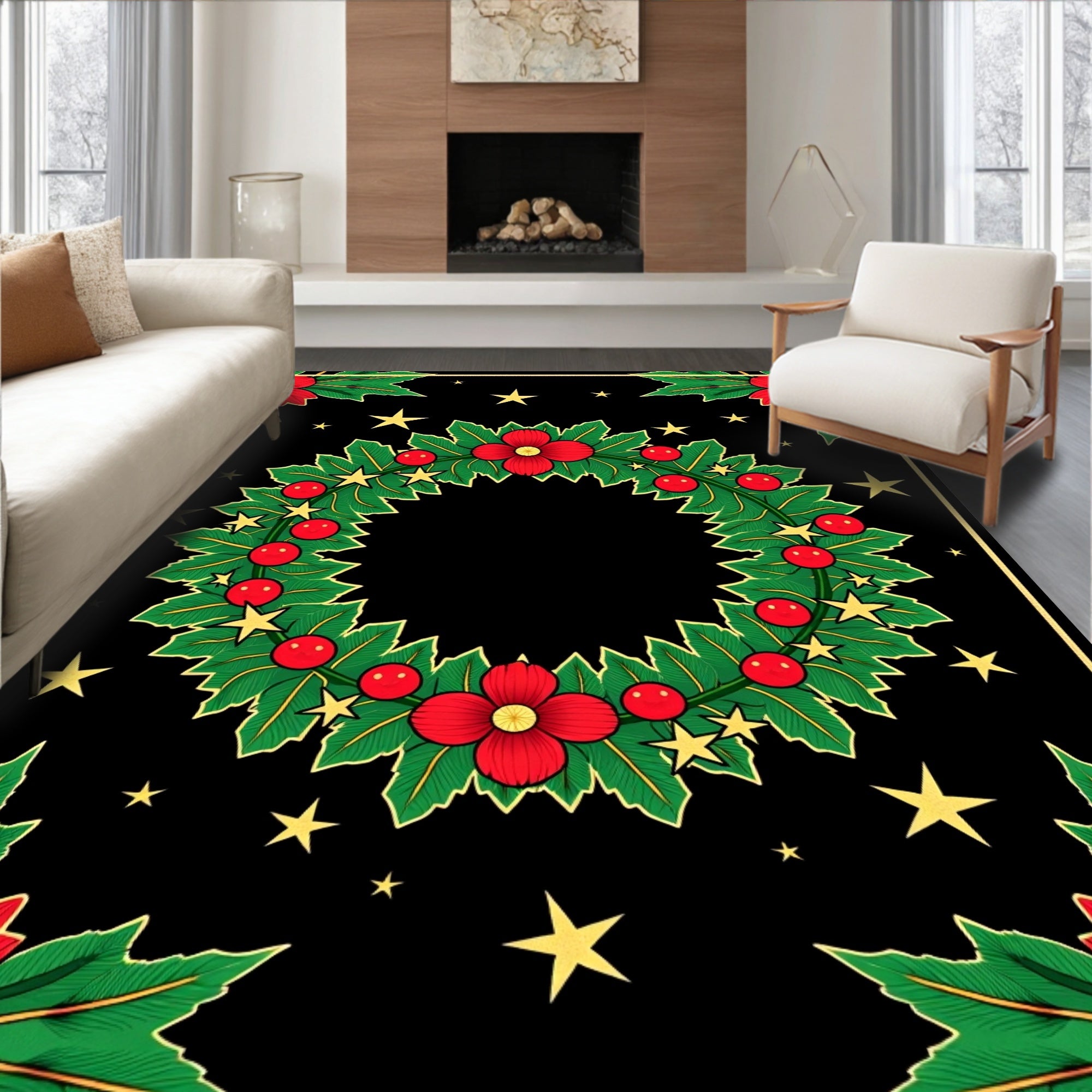 Festive Red Floral Green Holly Stars Rug