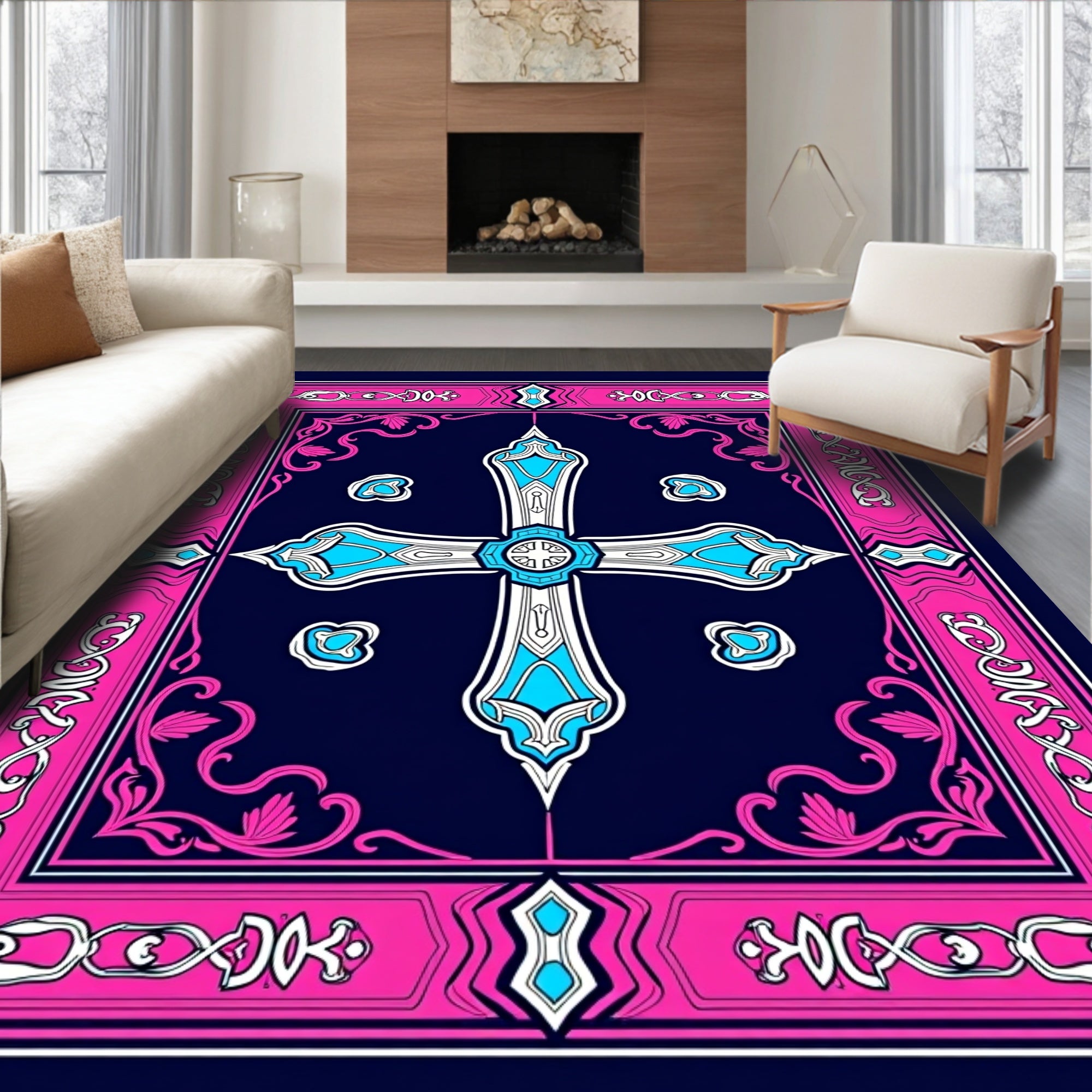 Ornate Blue White Pink Cross Rug