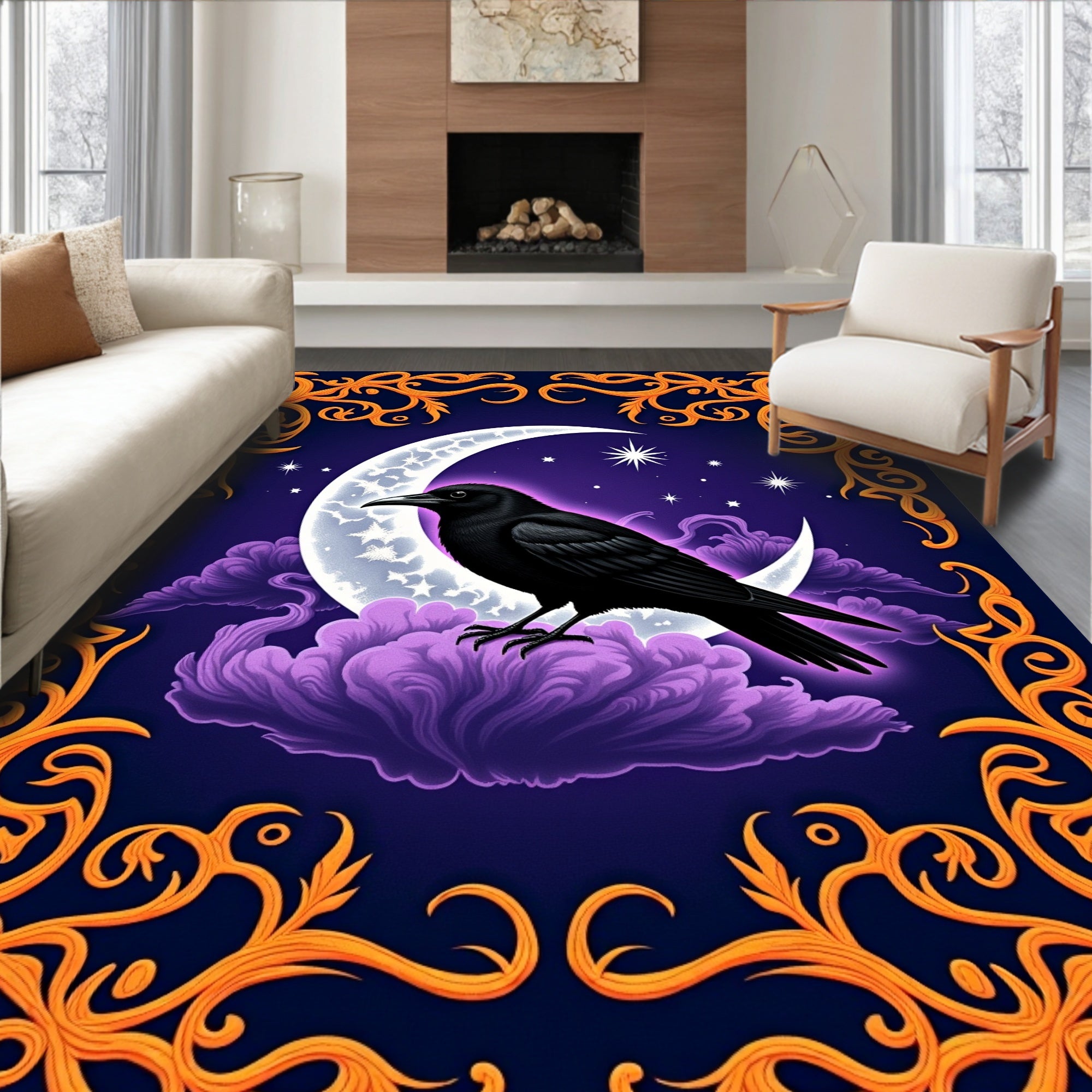 Mystical Black Crow Moon Garden Rug
