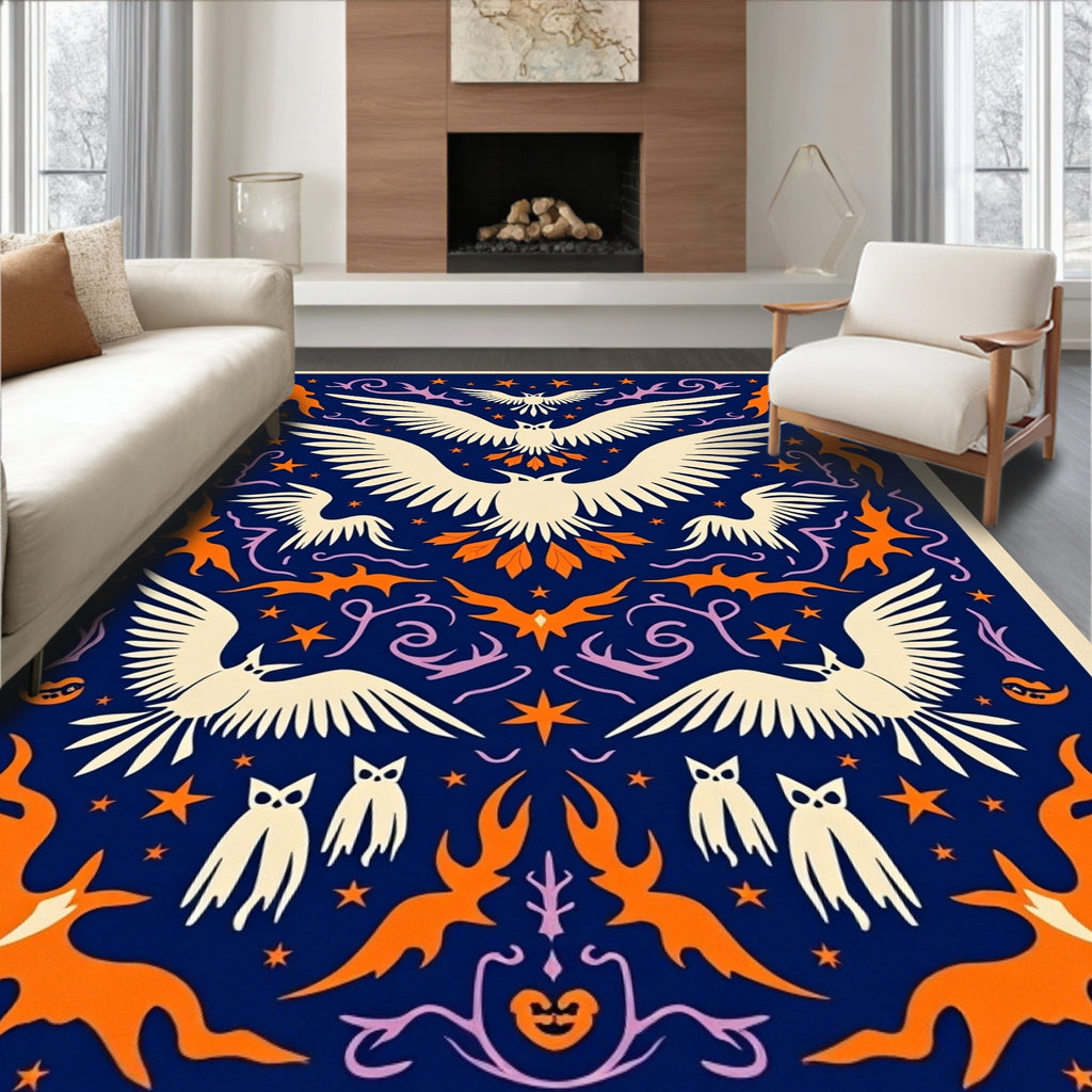 Dark Blue Cream Orange Owl Mandala Rug