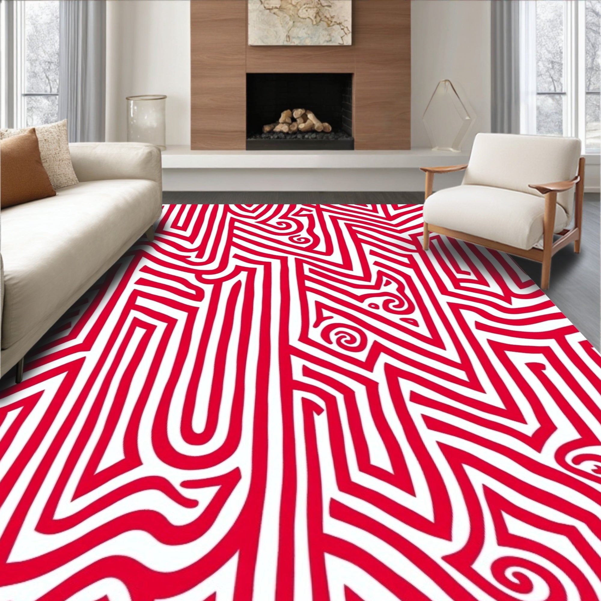 Bold Red Maze Labyrinth Rug