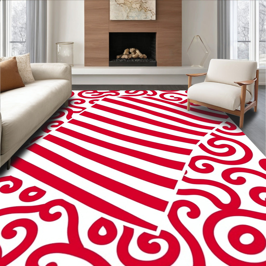 Red White Diagonal Stripe Swirls Rug