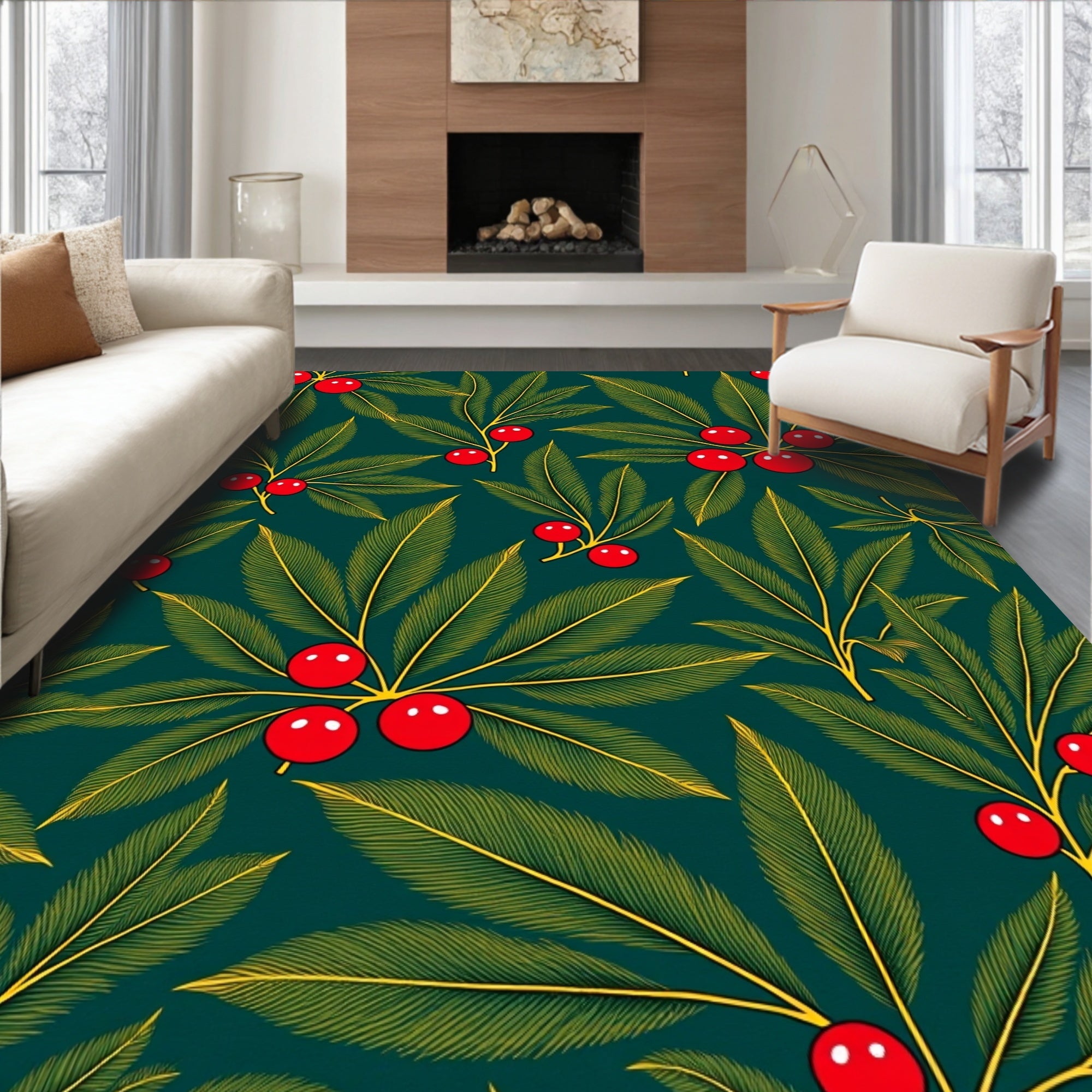 Emerald Green Holly Berry Sprigs Rug
