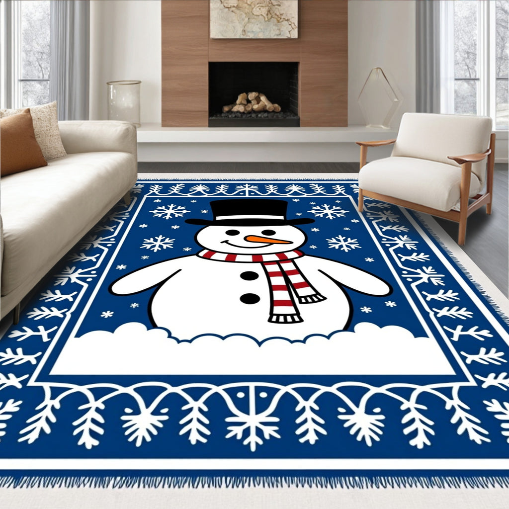 Blue Snowman Snowflake Border Rug
