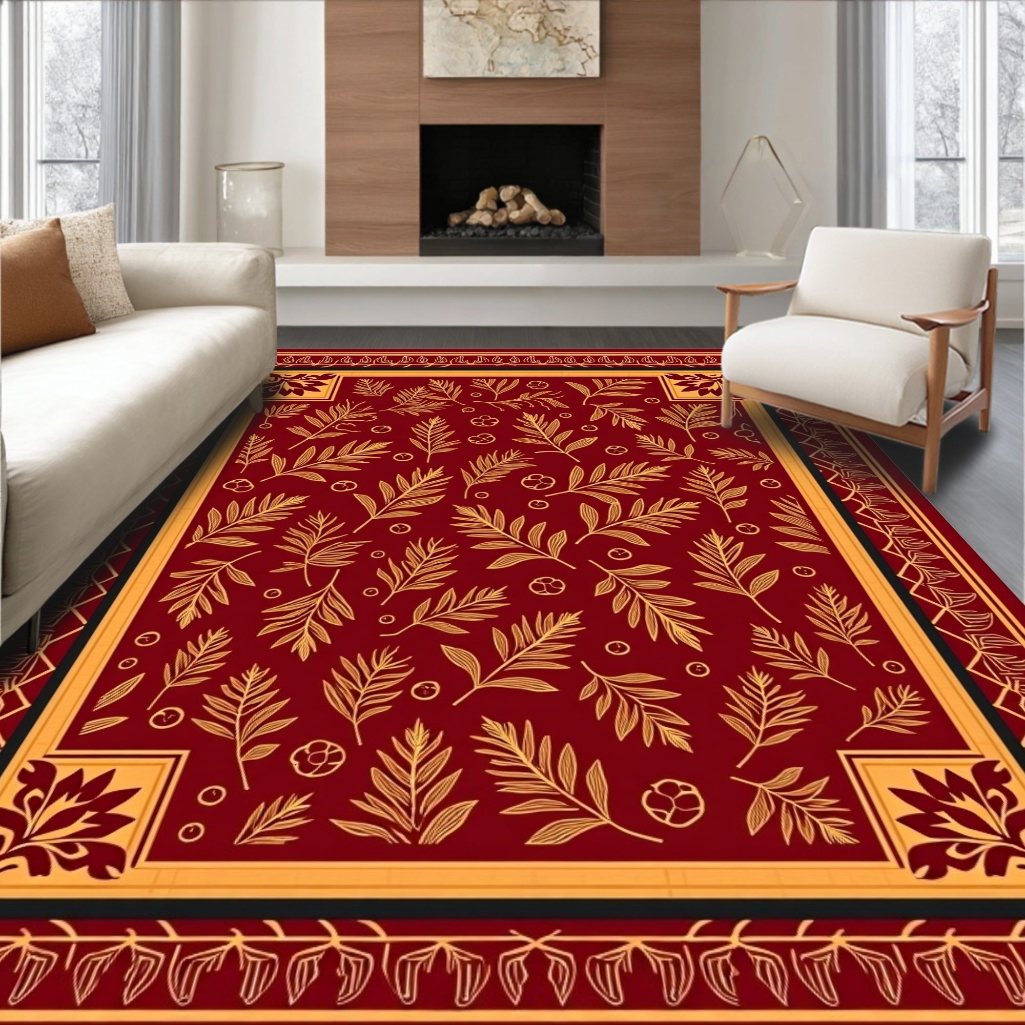 Crimson Gold Leaf Botanical Border Rug
