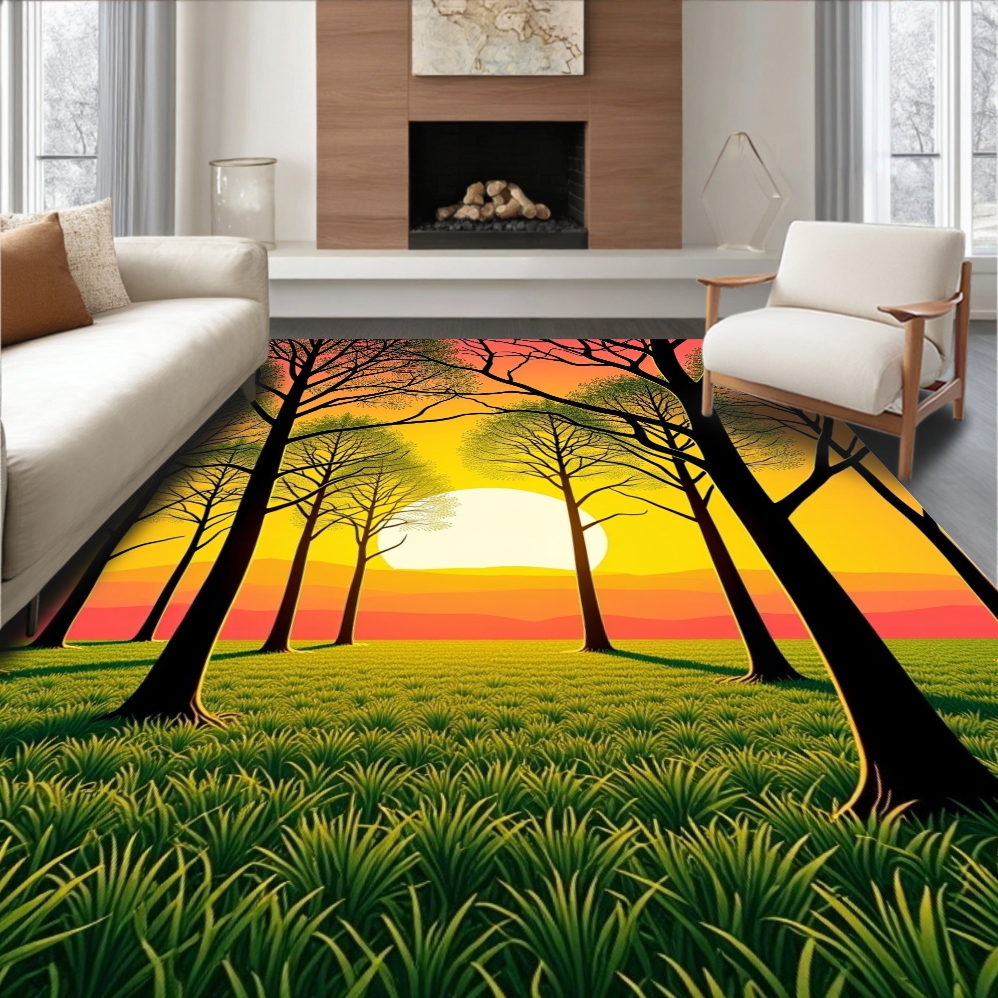Sunset forest meadow green grass trees Rug