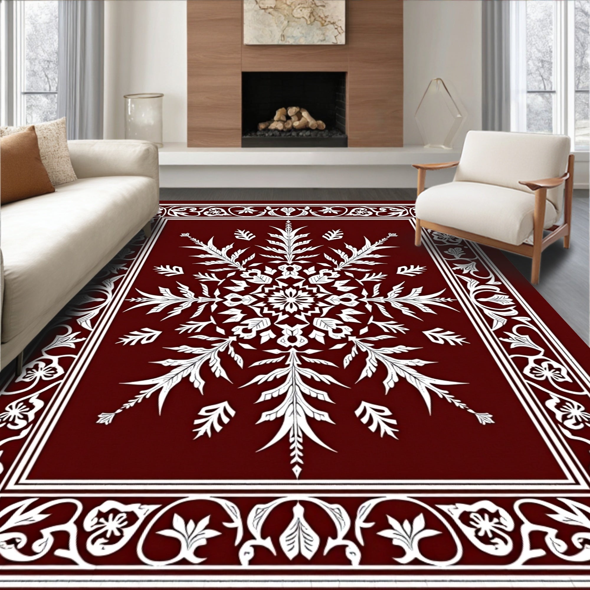 Crimson White Floral Snowflake Medallion Rug