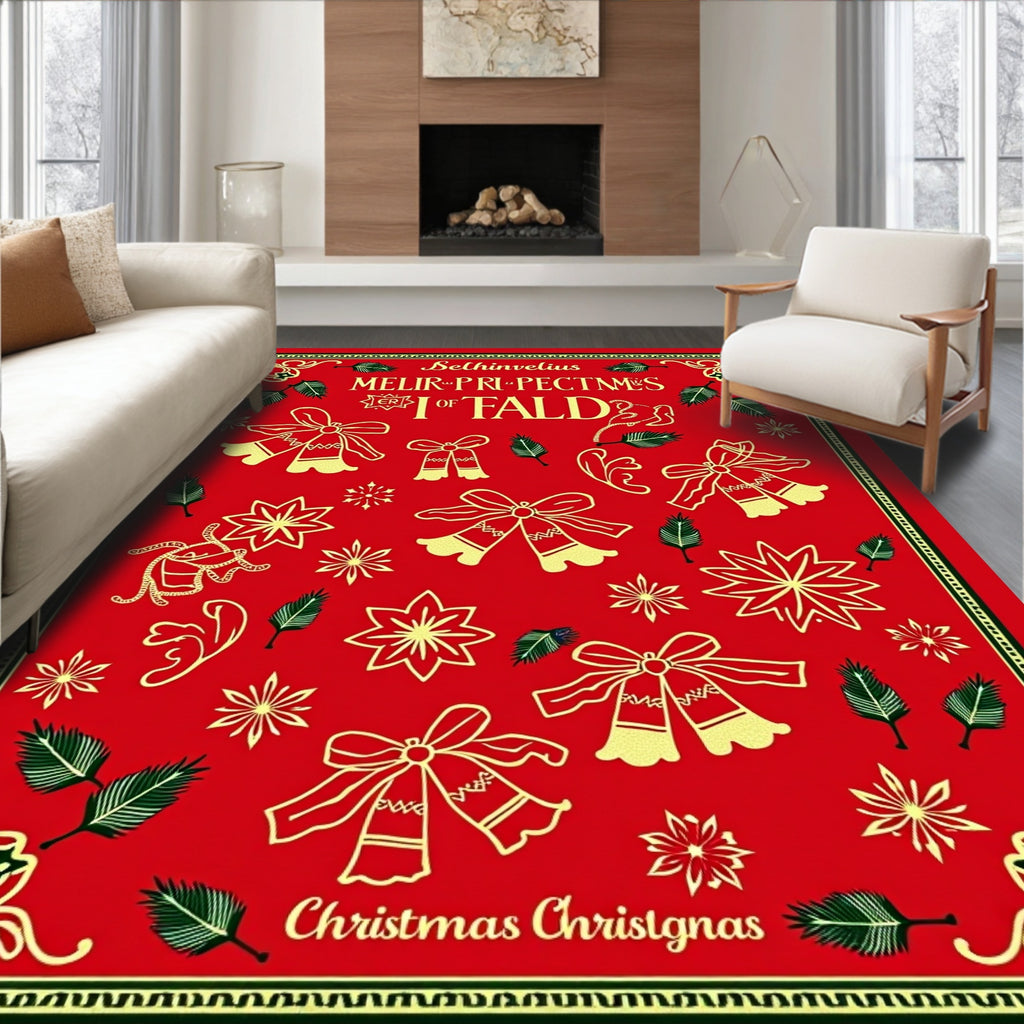 Red Gold Festive Bell and Star Arrangement Rug