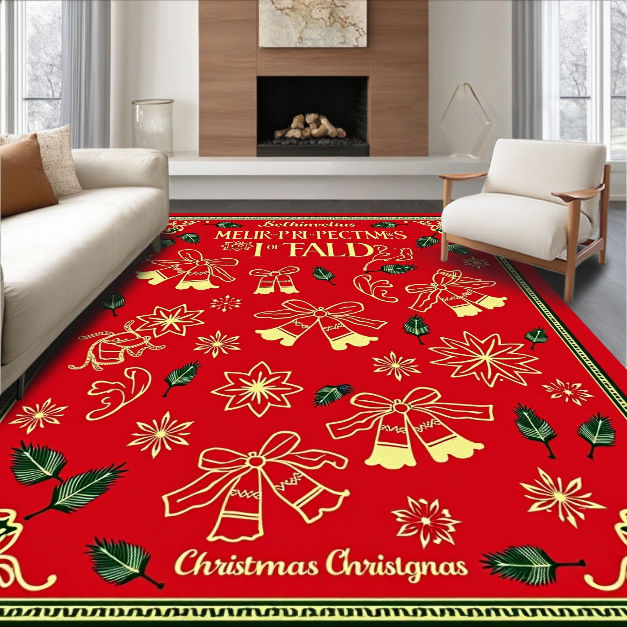 Red Gold Festive Bell and Star Arrangement Rug