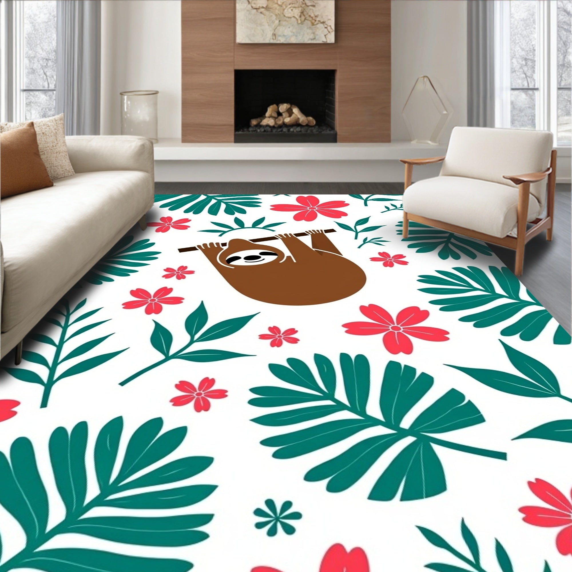 Whimsical Sloth Floral Jungle Rug