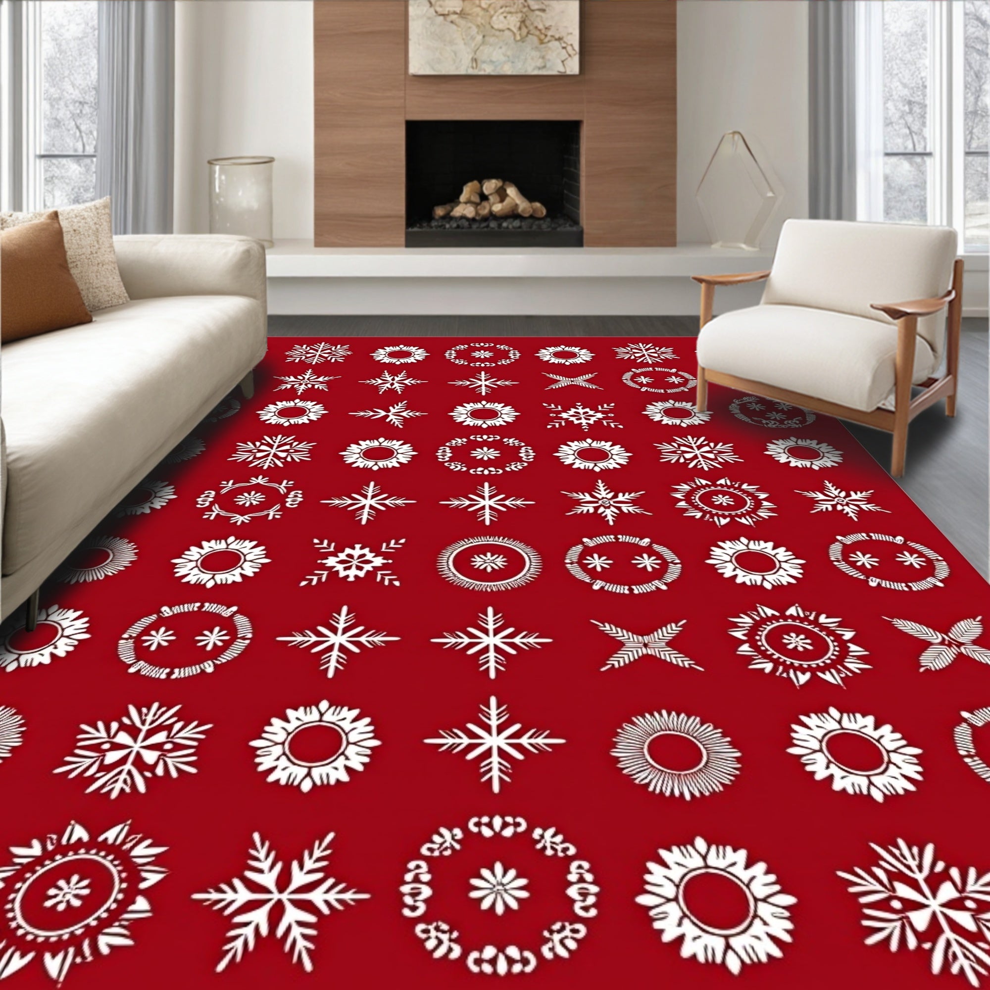 White Snowflake Medallion Collection Red Rug
