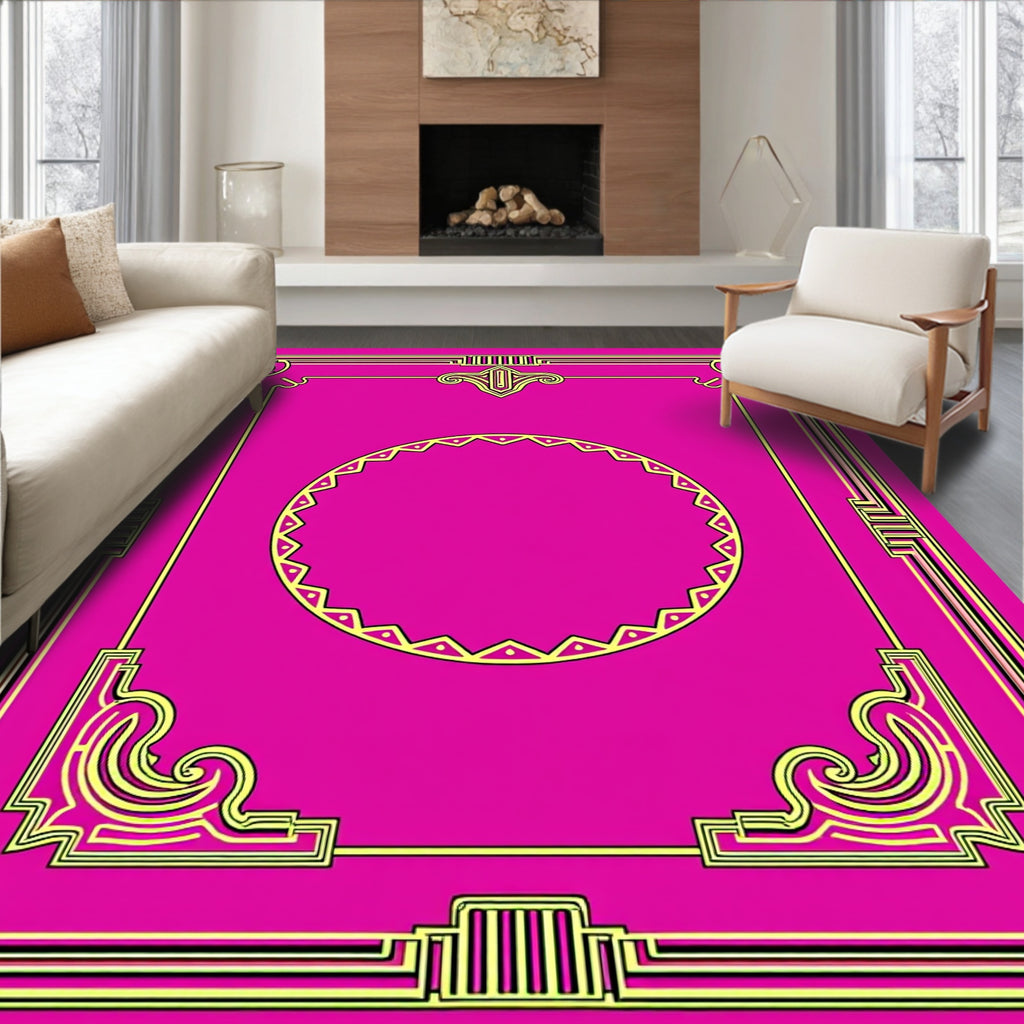 Bold Magenta Golden Geometric Frame Rug