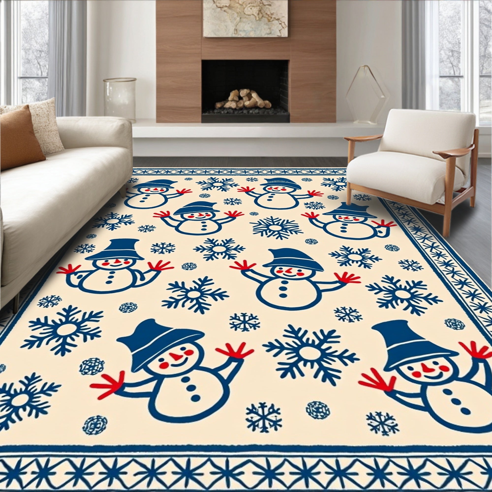 Happy Snowmen and Snowflakes Cream Rug