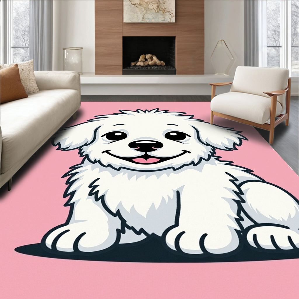 Cute White Fluffy Dog Portrait Pink Rug