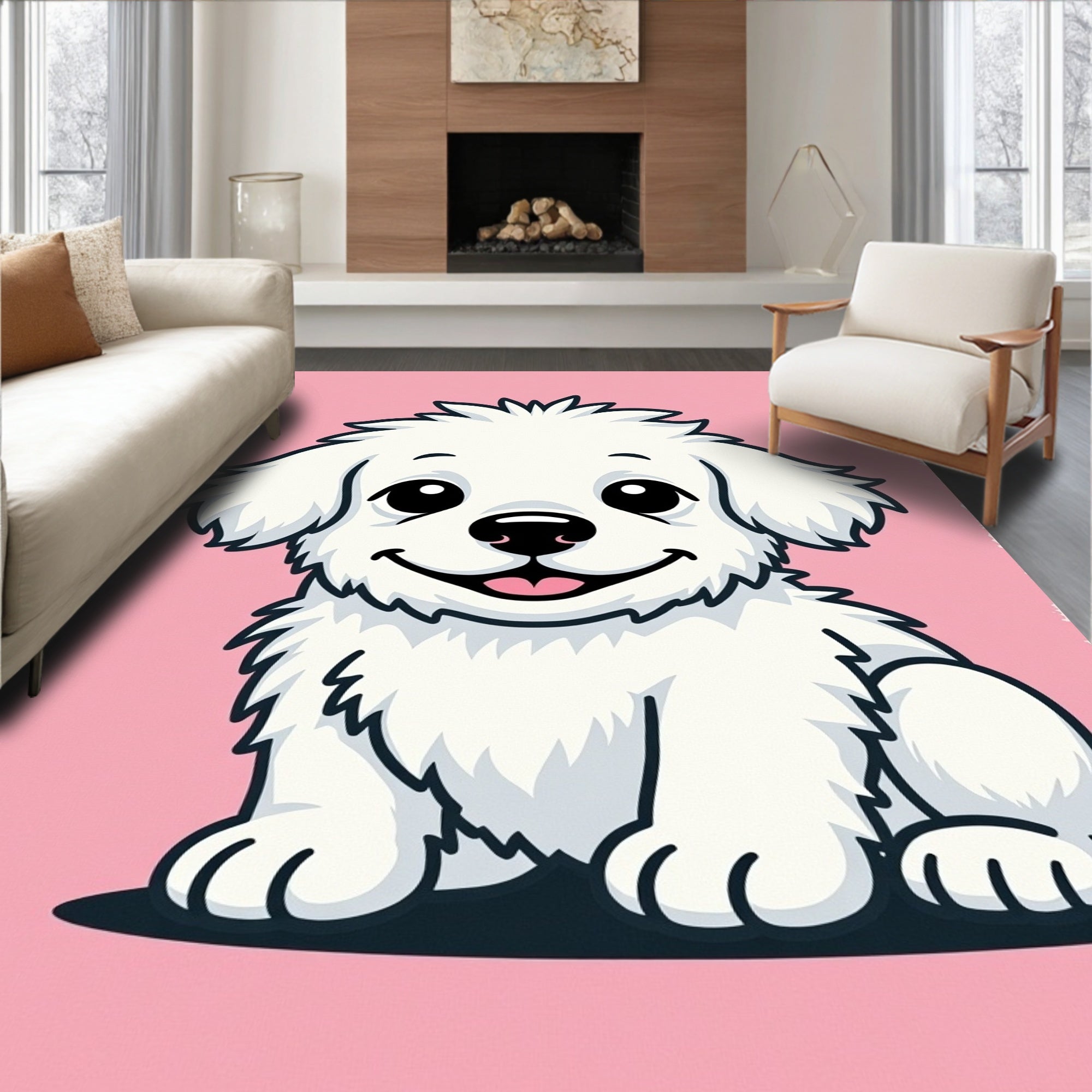 Cute White Fluffy Dog Portrait Pink Rug