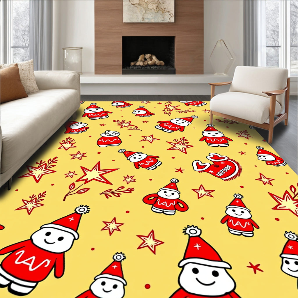 Whimsical Red Santa Folk Stars Rug
