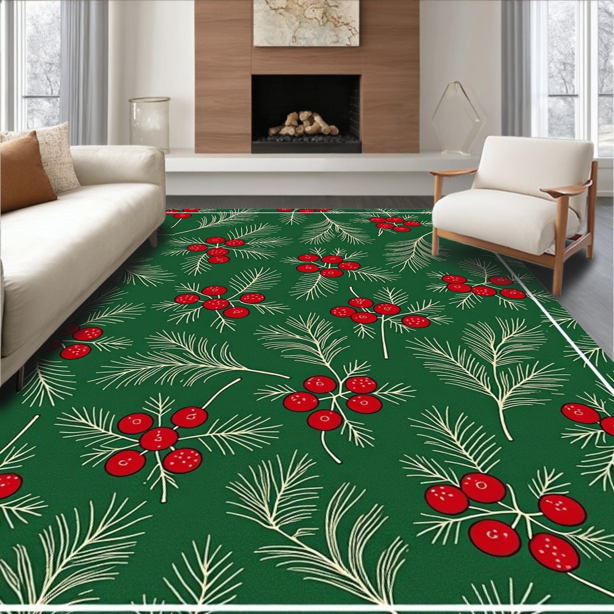 Festive Red Berry Pine Needle Rug