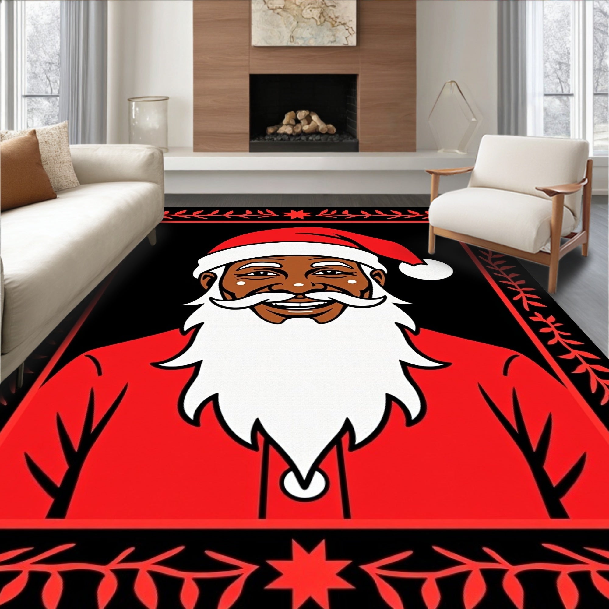 Crimson Santa Claus Portrait Red Border Rug