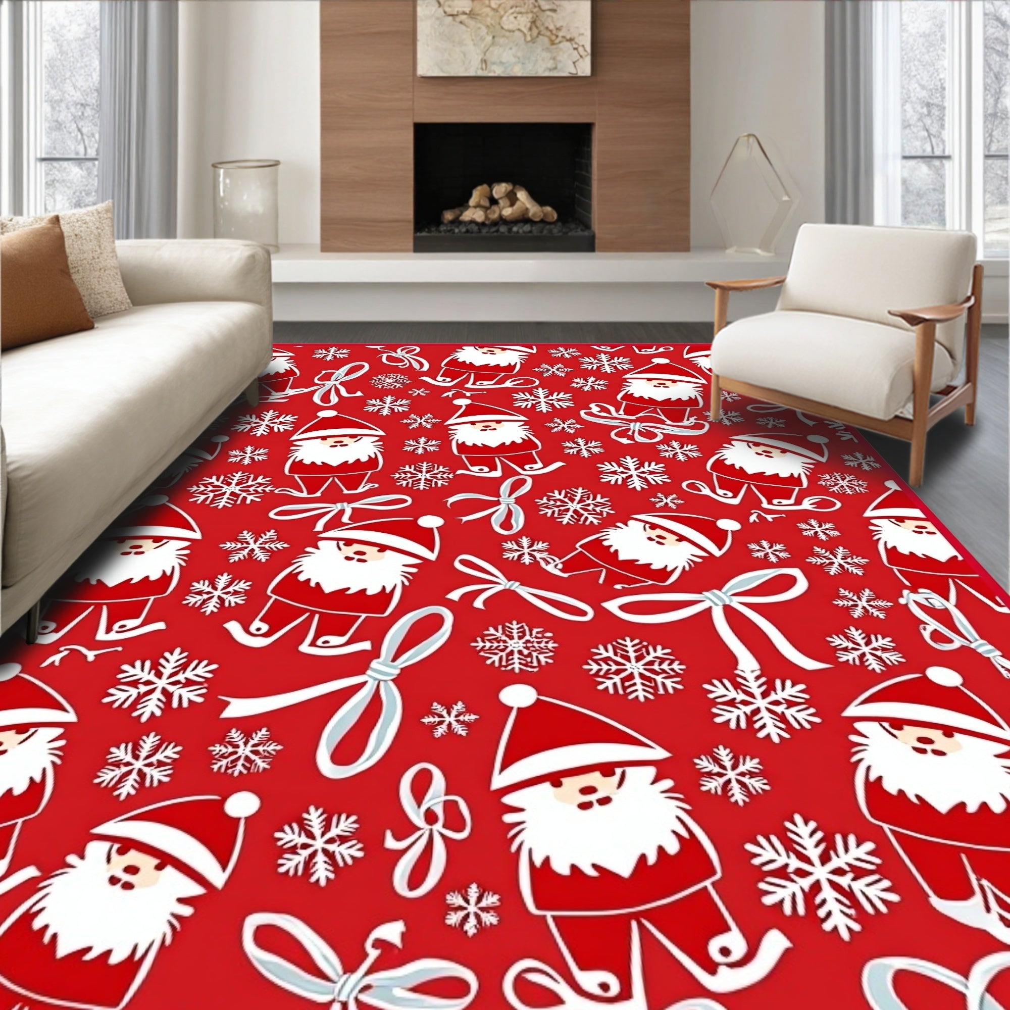 Whimsical Red Santa Snowflake Bows Rug