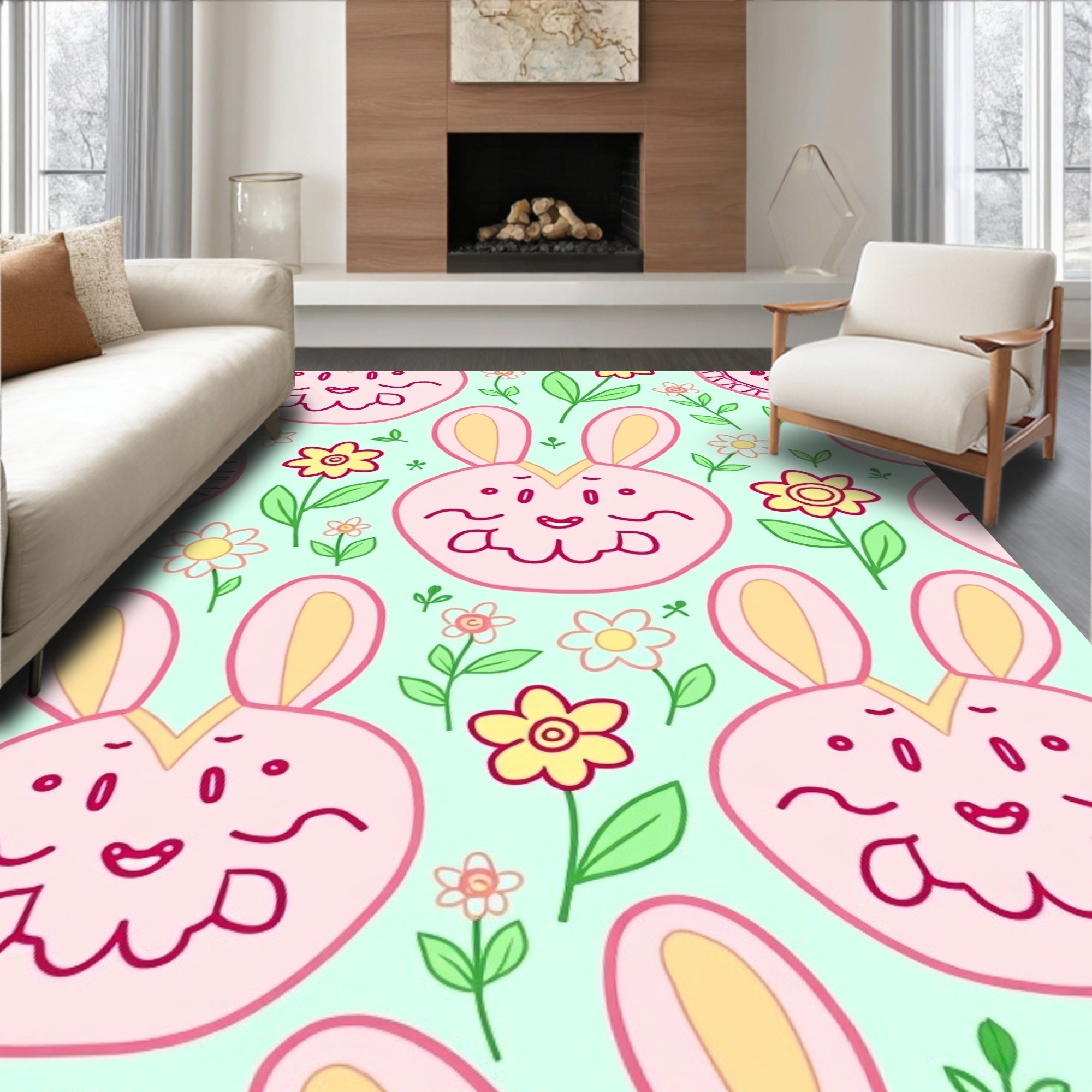 Whimsical Pink Bunny Floral Meadow Rug