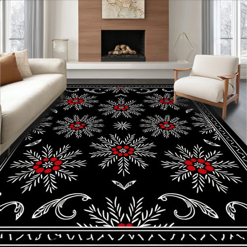 Black White Red Floral Medallion Rug