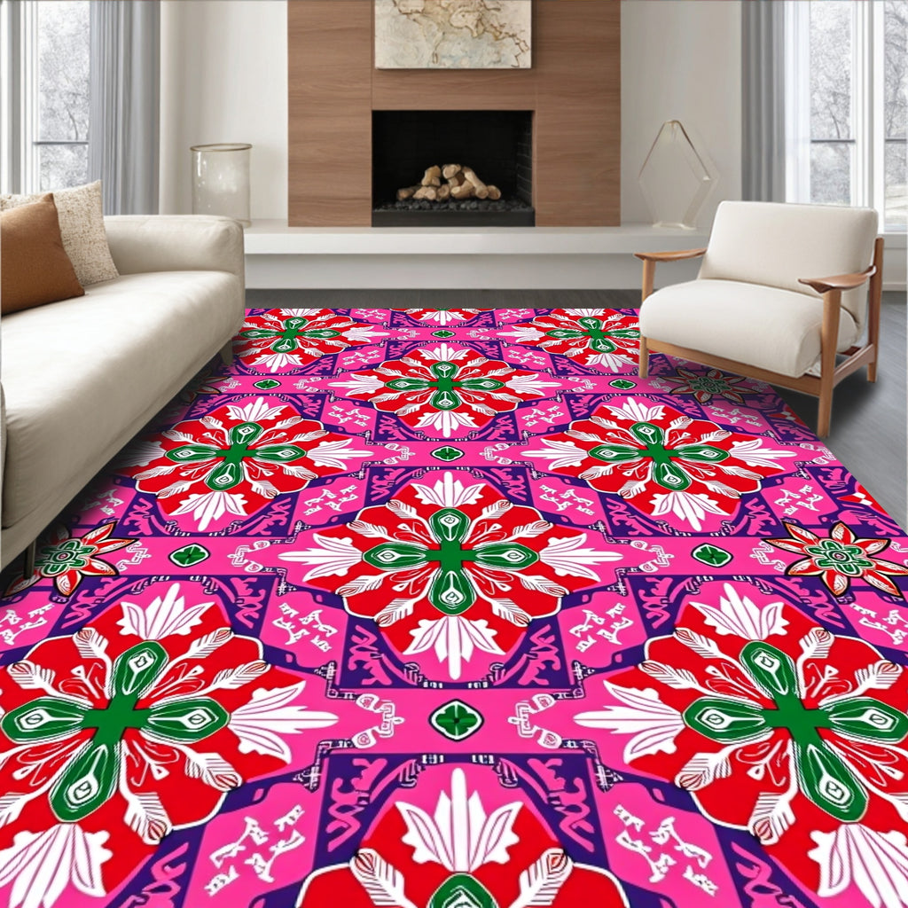 Vibrant Pink Red Green Floral Medallion Rug