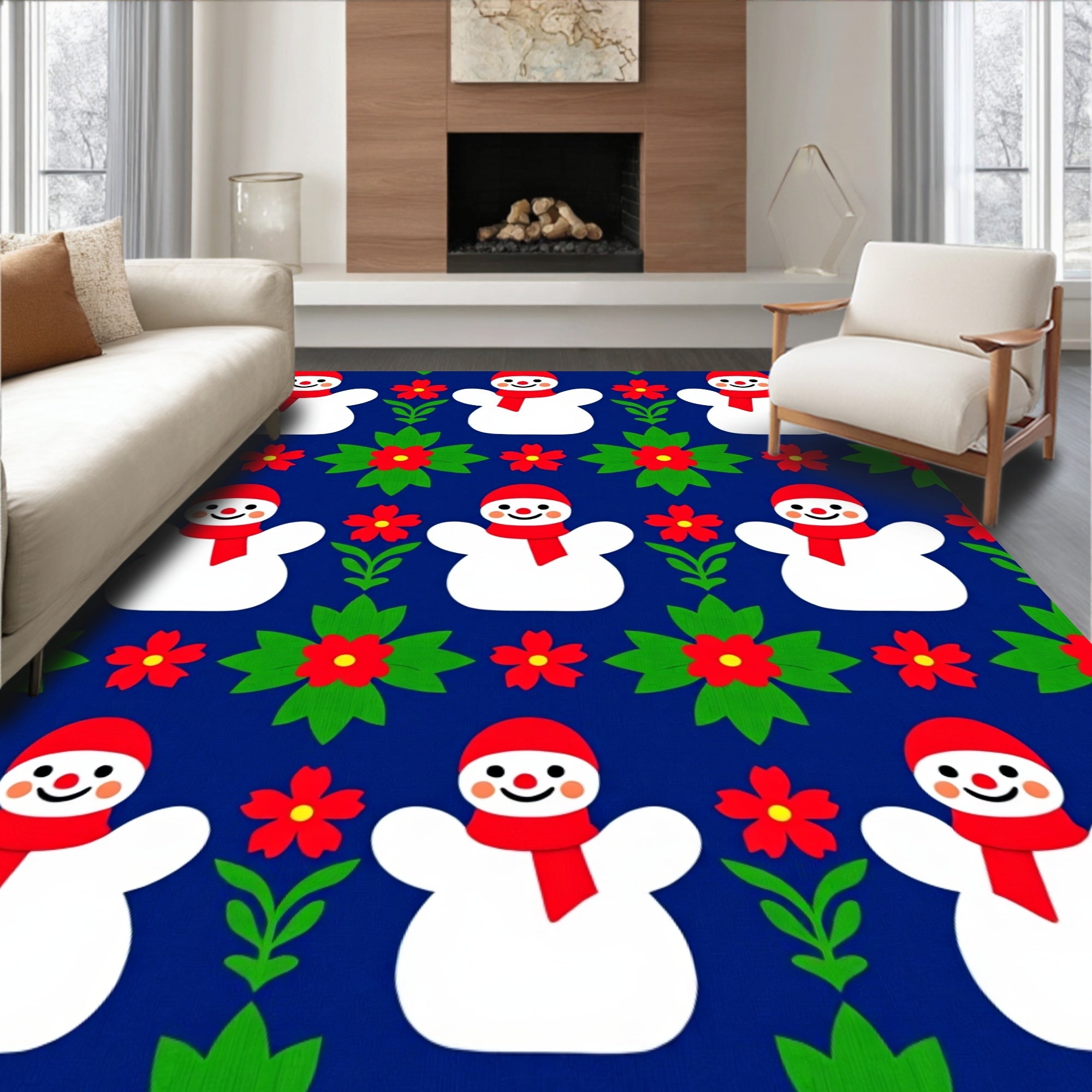 Joyful Snowman Red Floral Tiling Rug