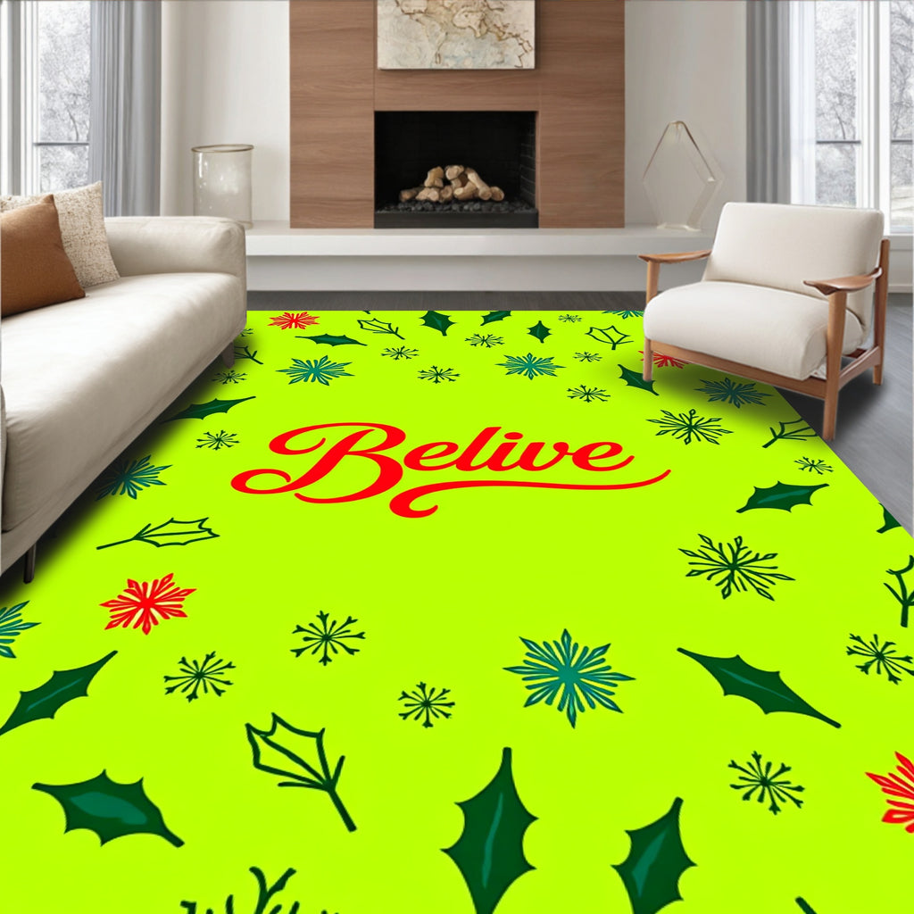 Bright Green Festive Holly Snowflakes Rug
