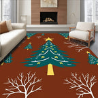 Teal Christmas Trees Yellow Stars Brown Background Rug