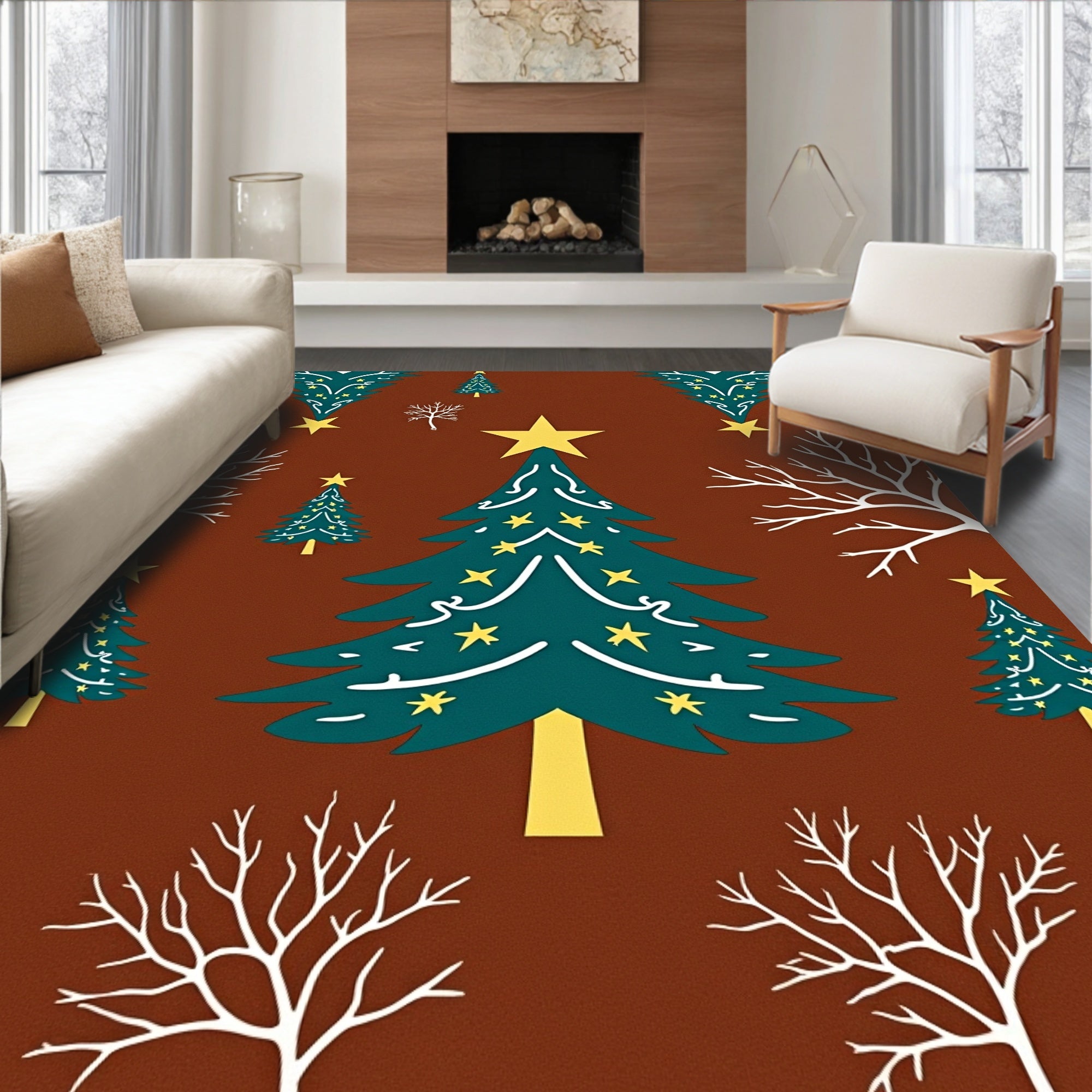 Teal Christmas Trees Yellow Stars Brown Background Rug