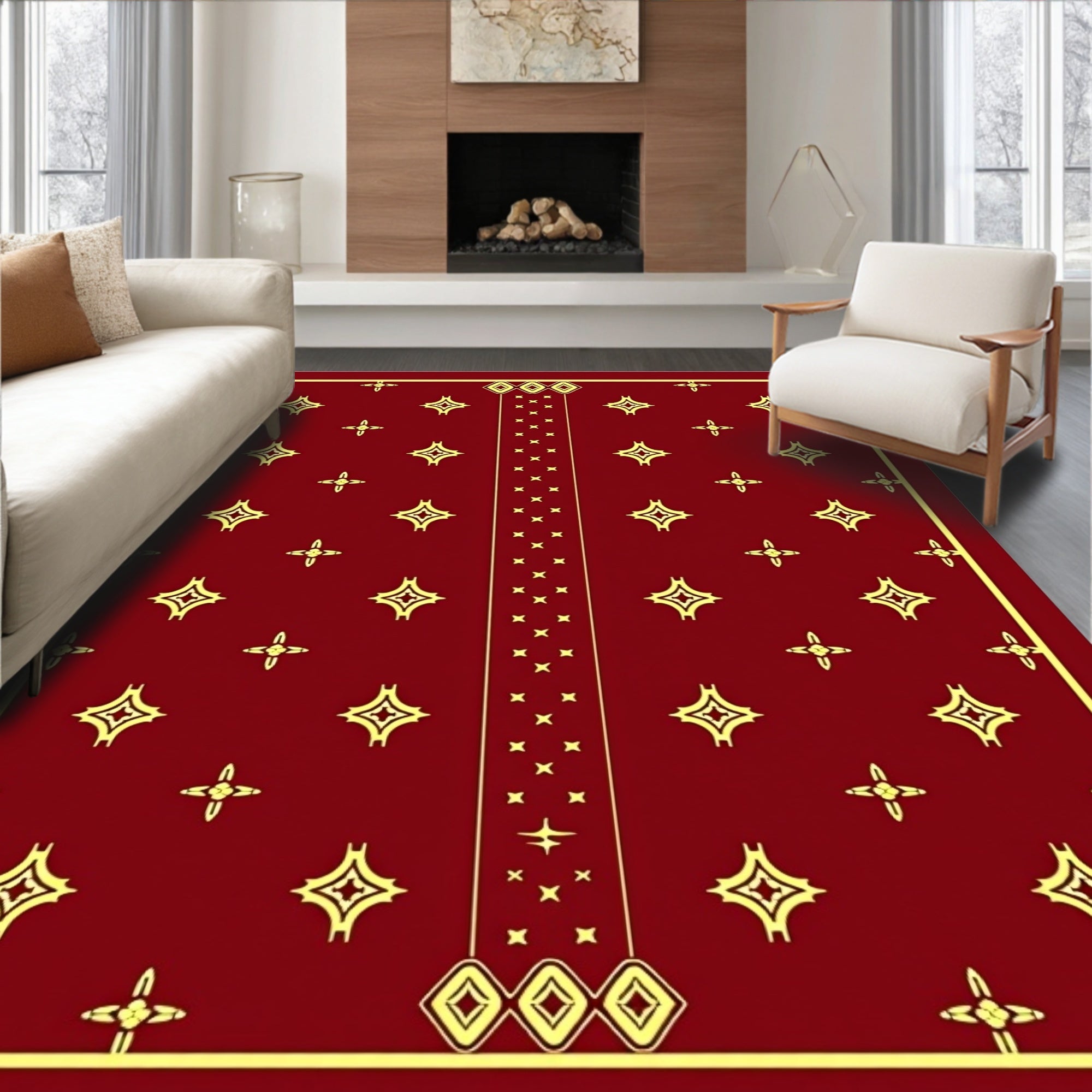 Crimson Starburst Medallion Border Rug