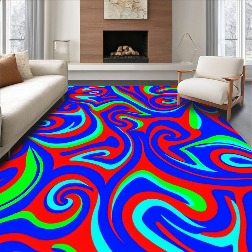 Vibrant Red Blue Green Swirl Rug