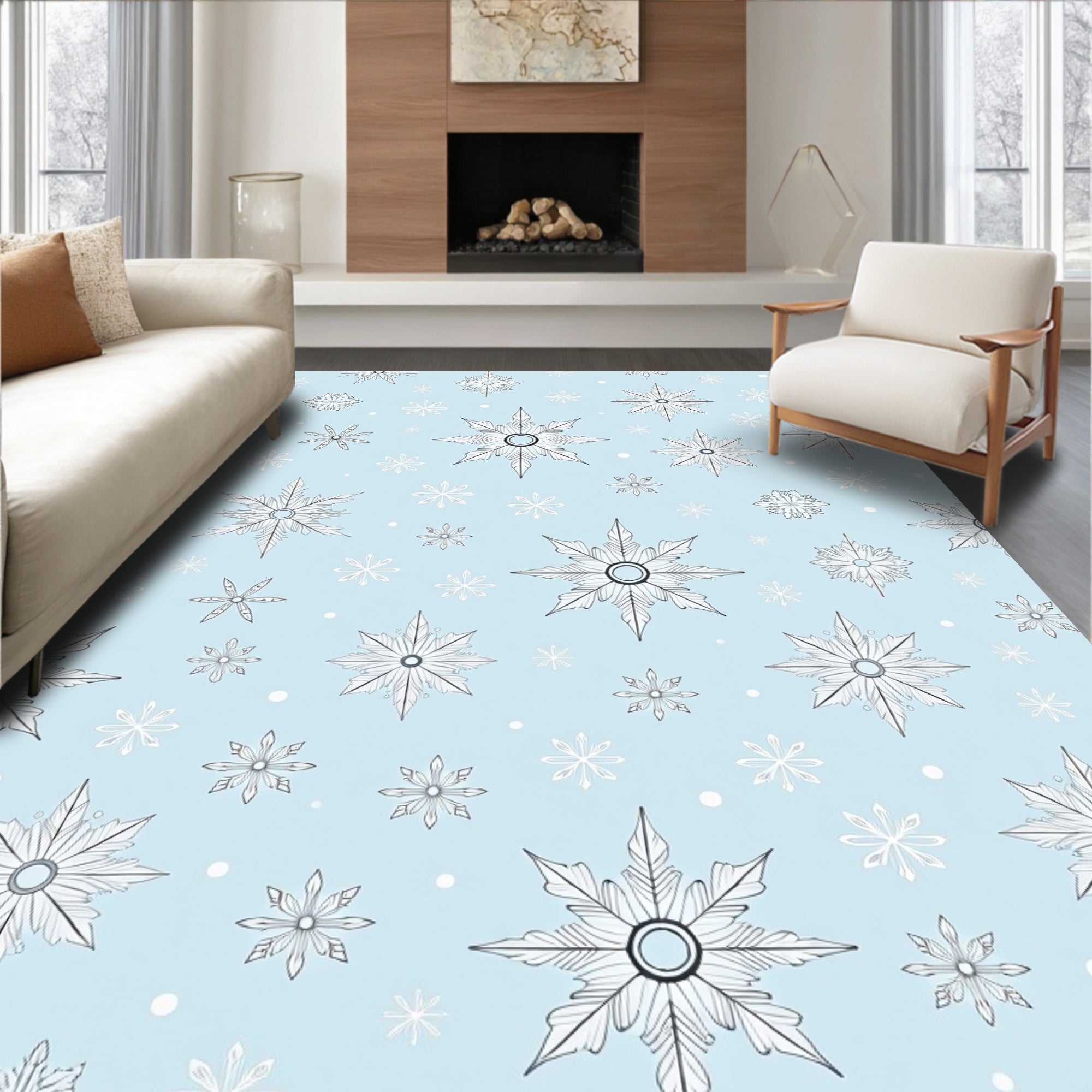 Pale Blue Snowflake Medallion Scatter Rug
