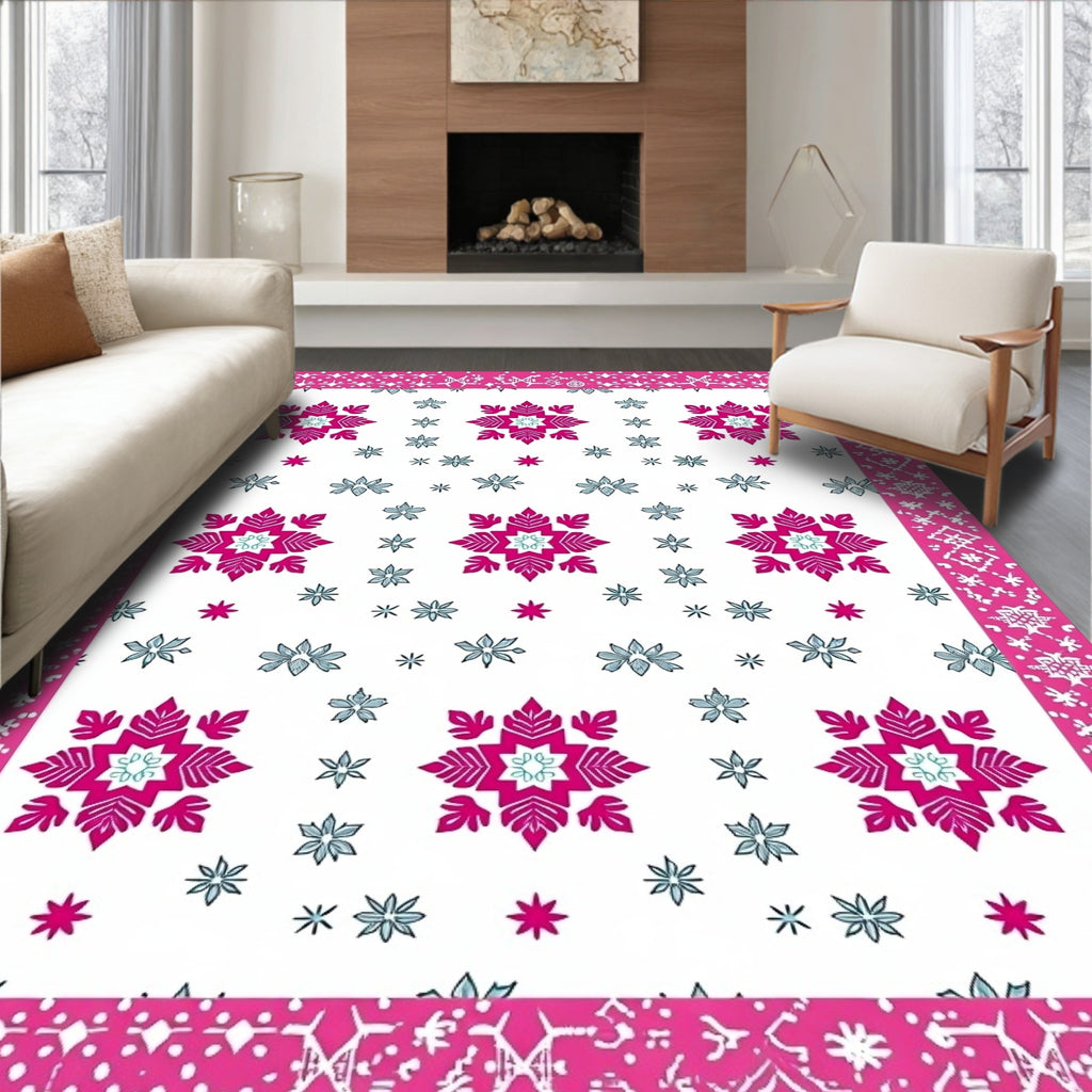 Bright Pink Snowflake Geometric Garden Rug