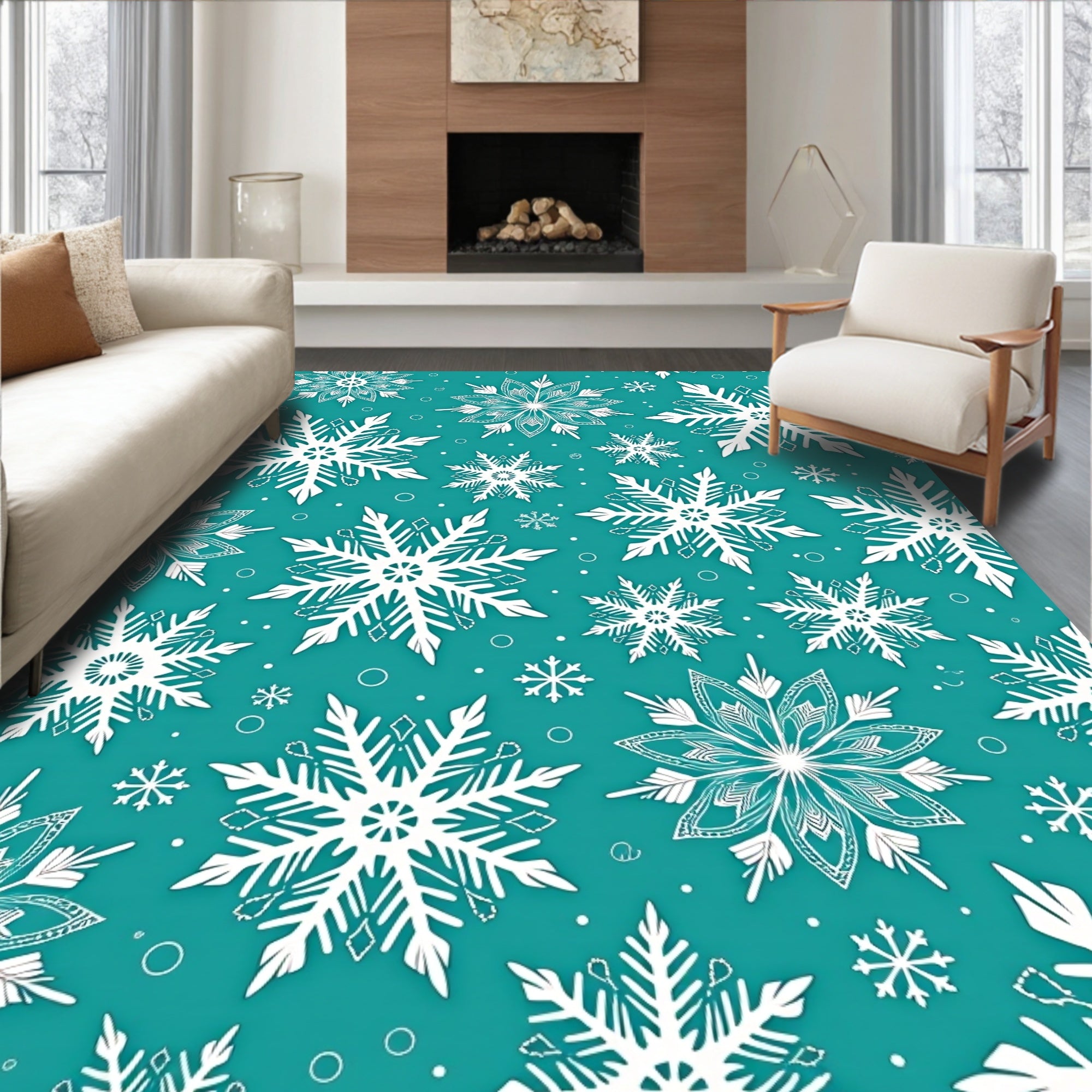 Teal White Snowflake Mandala Collage Rug