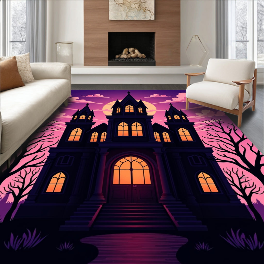 Mysterious Gothic Castle Twilight Scene Rug