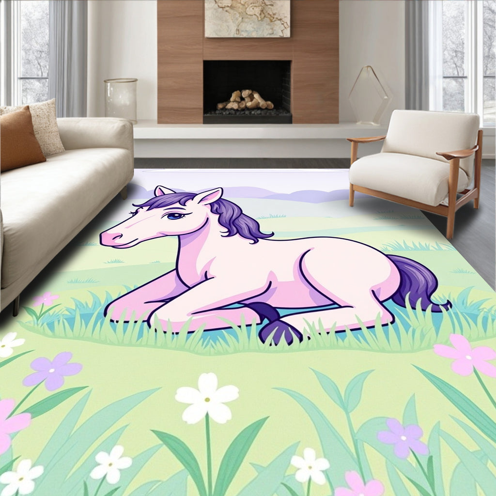 Whimsical Lavender Horse Meadow Flowers Rug